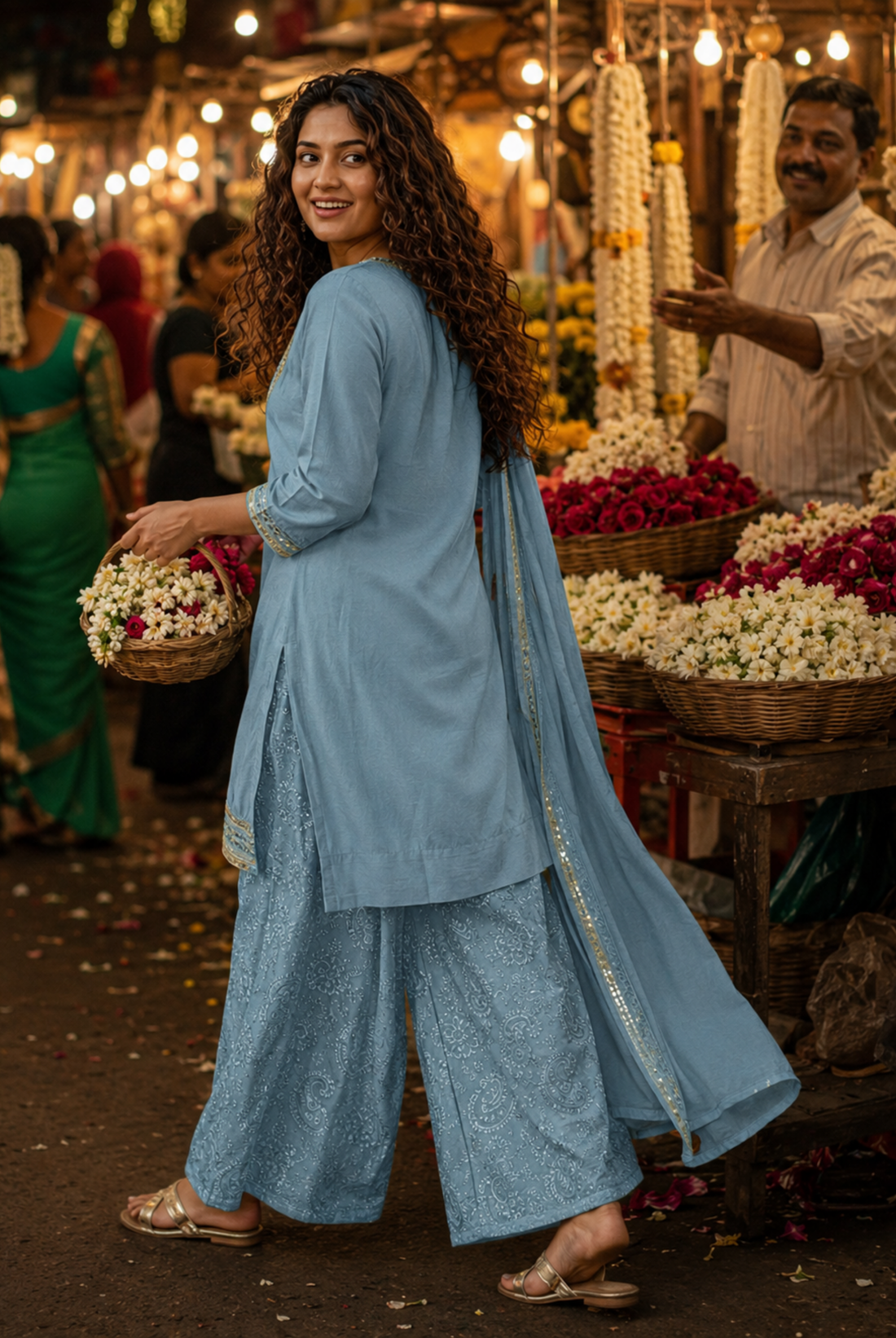 Sky Blue Printed Cinon Suit Set with Embellished Neckline