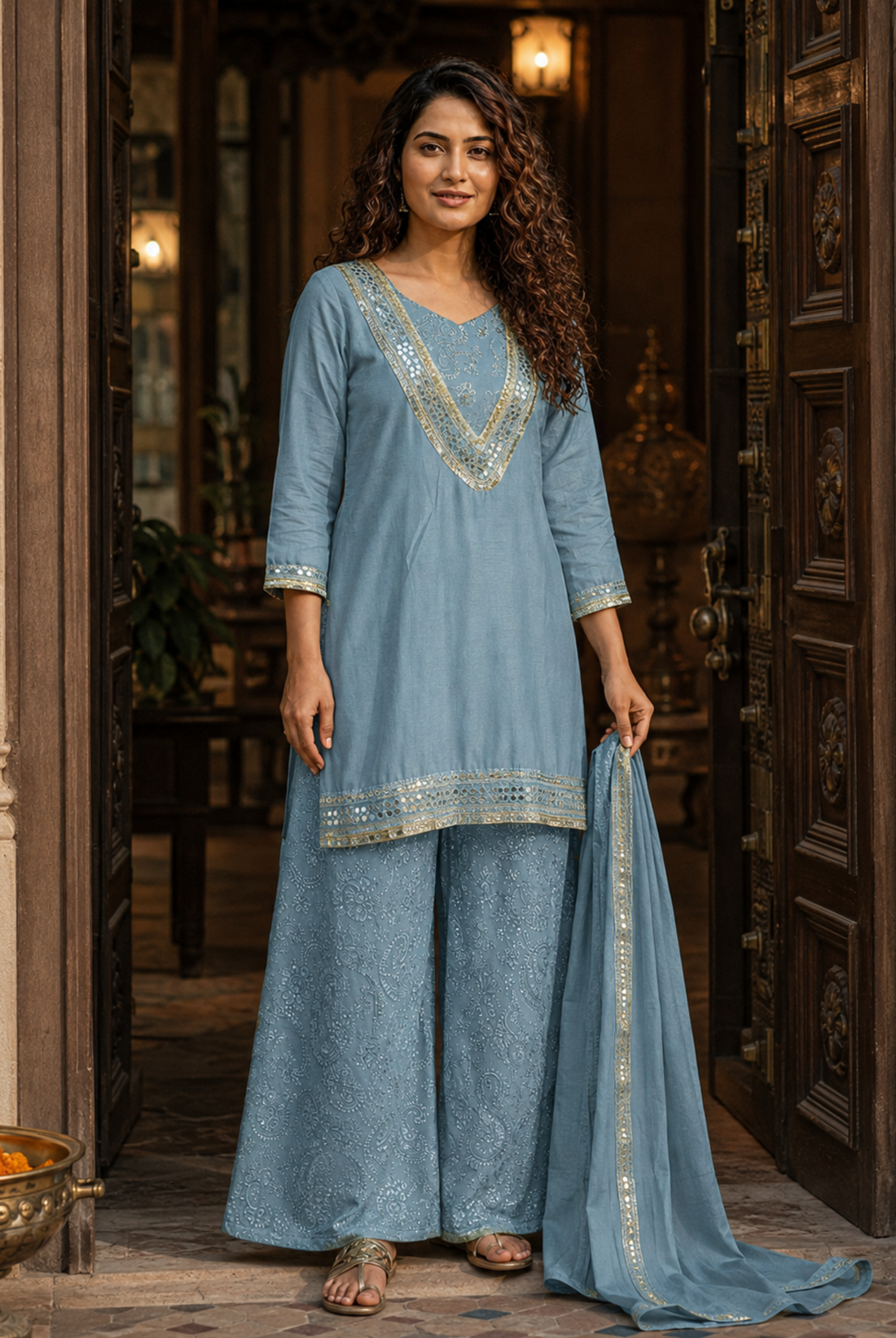 Sky Blue Printed Cinon Suit Set with Embellished Neckline