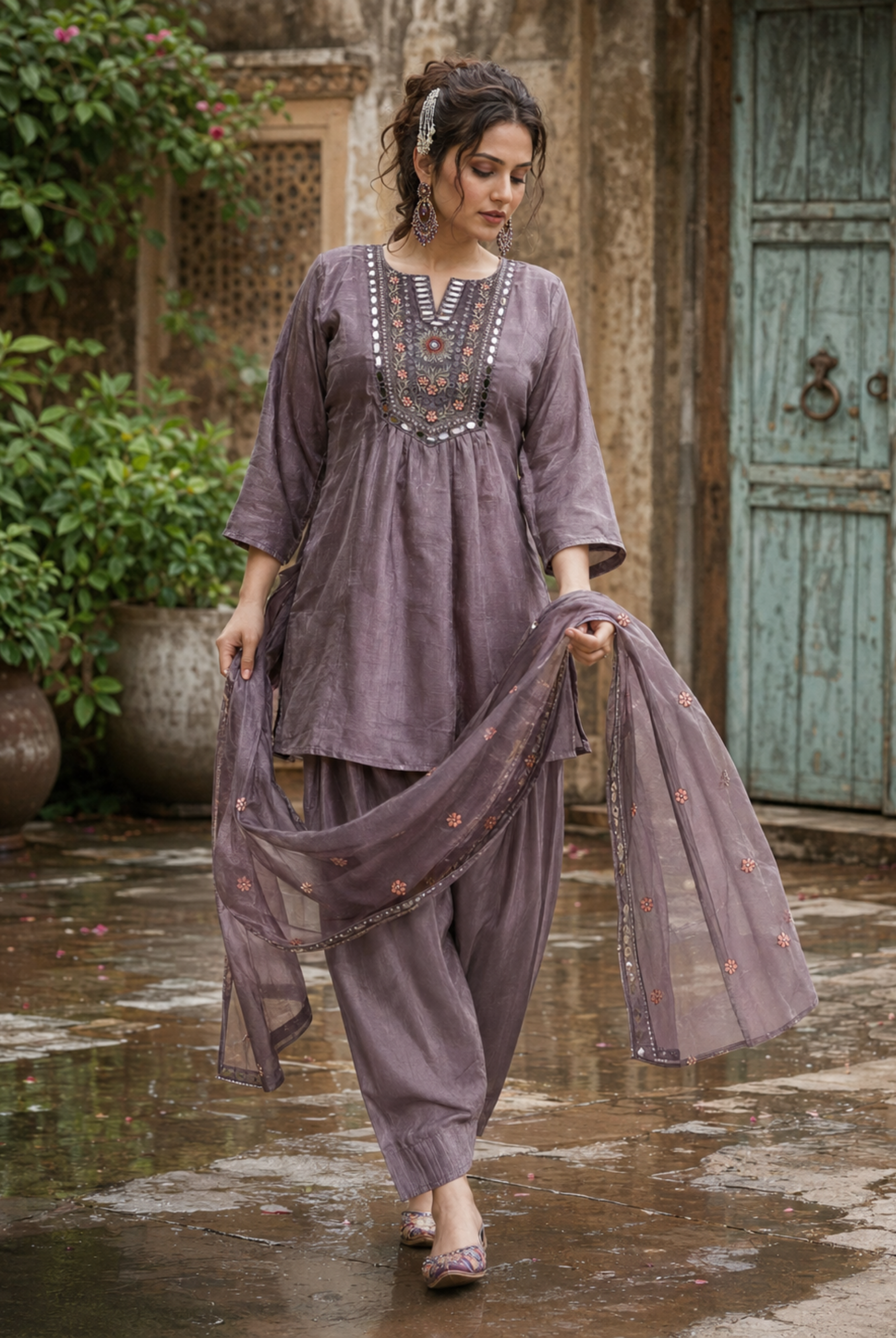 Mauve Embroidered Farsi Glass Roman Suit Set