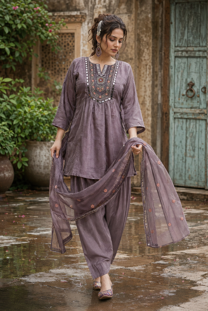 Mauve Embroidered Farsi Glass Roman Suit Set
