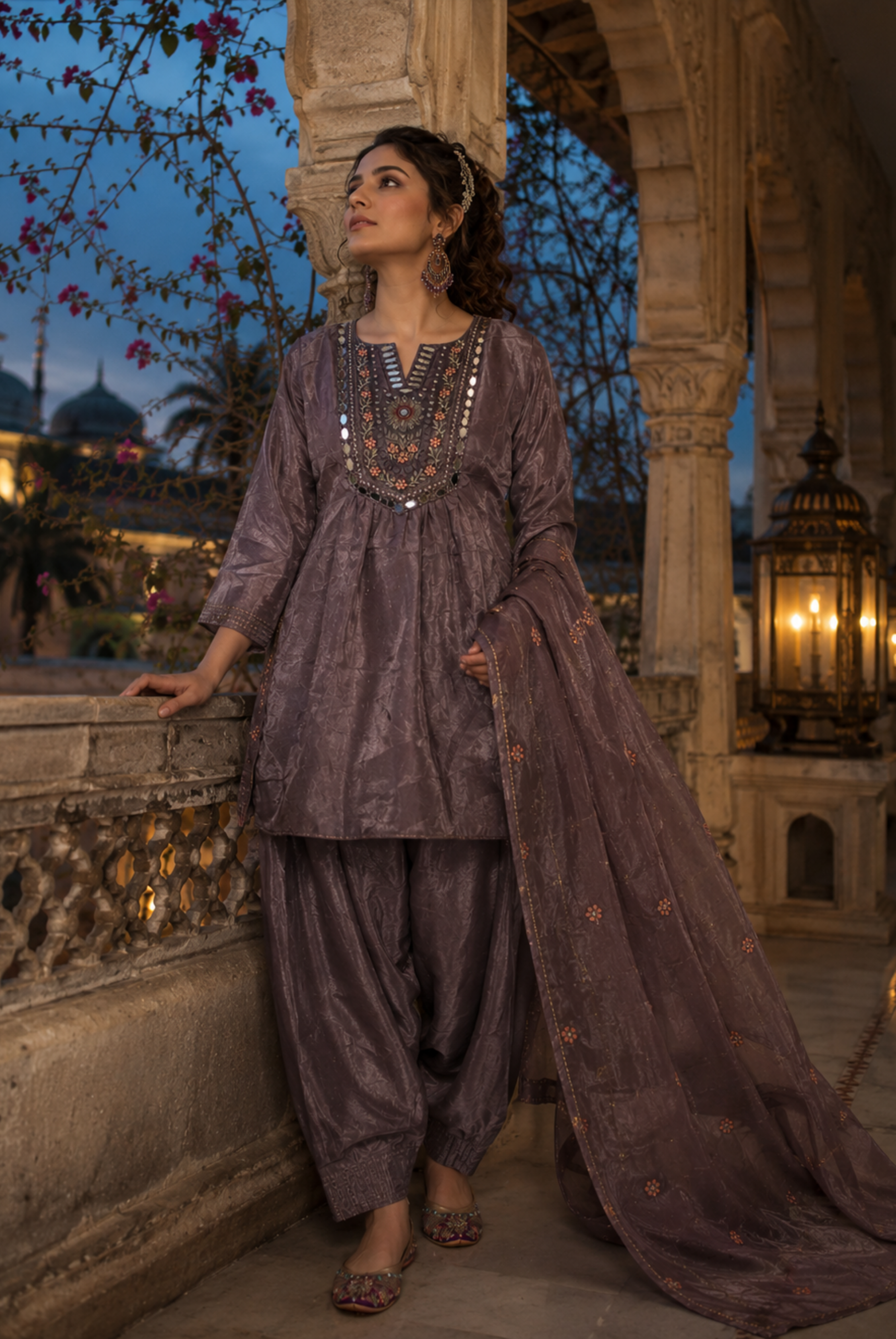 Mauve Embroidered Farsi Glass Roman Suit Set