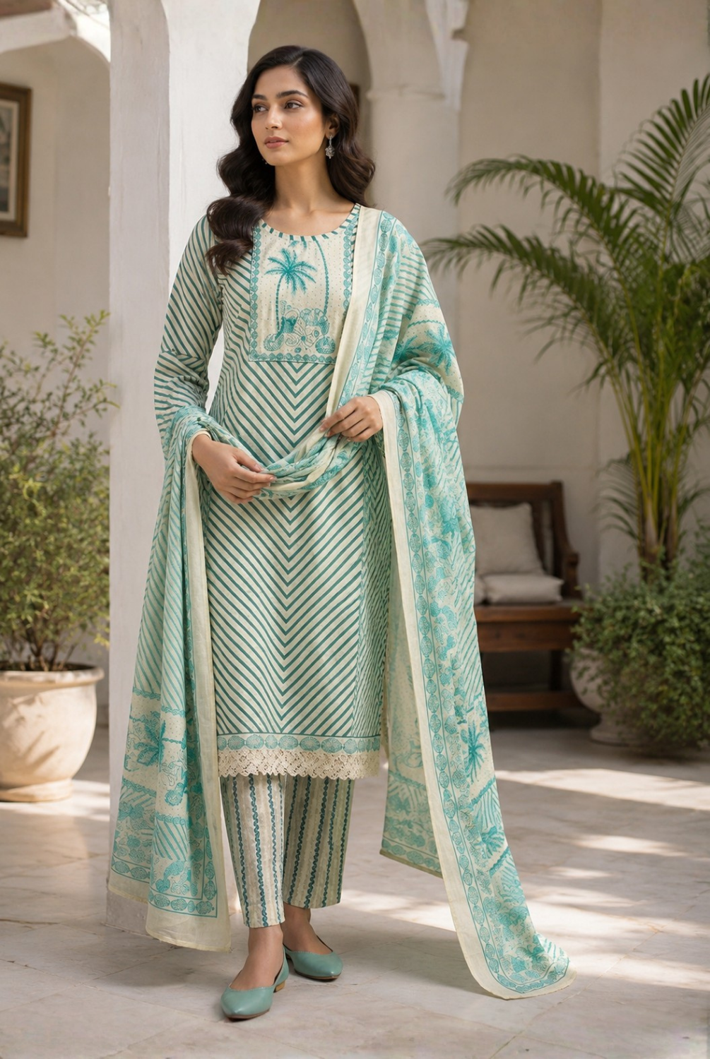 Mint Green Striped Printed Cotton Suit Set with Dupatta