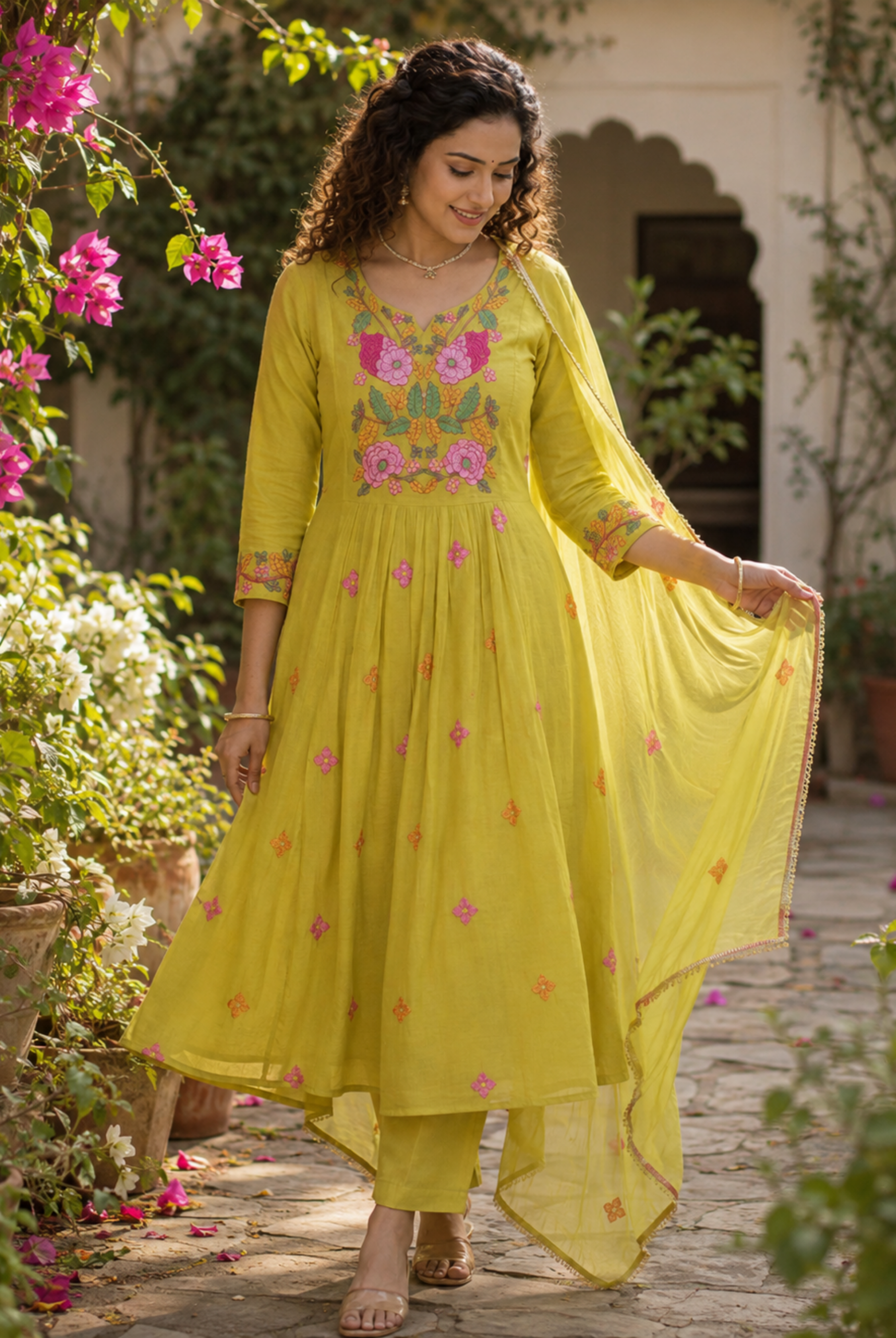Lime Green Floral Embroidered Mul Chanderi Anarkali Suit Set