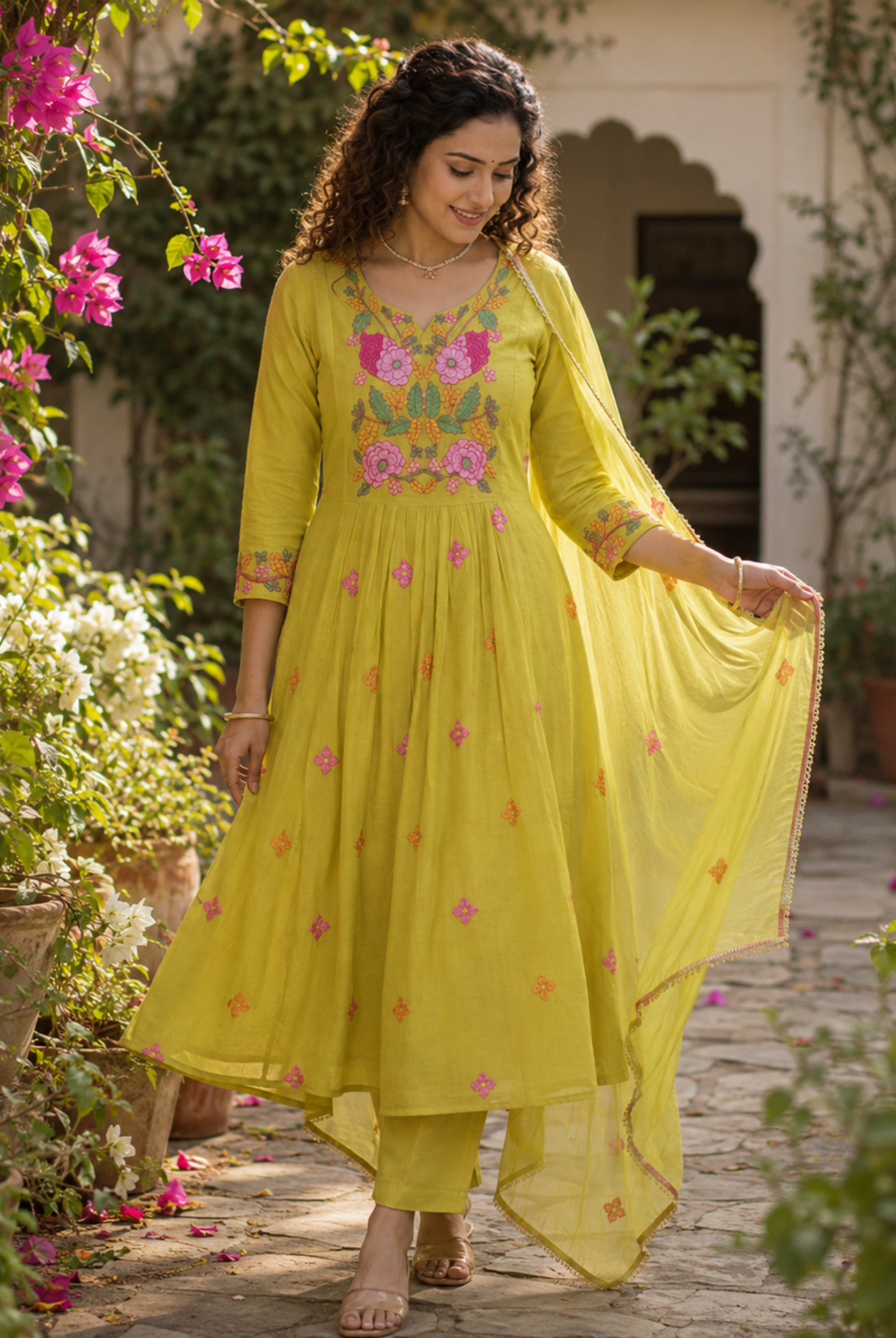 Lime Green Floral Embroidered Mul Chanderi Anarkali Suit Set