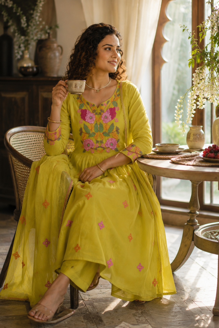 Lime Green Floral Embroidered Mul Chanderi Anarkali Suit Set