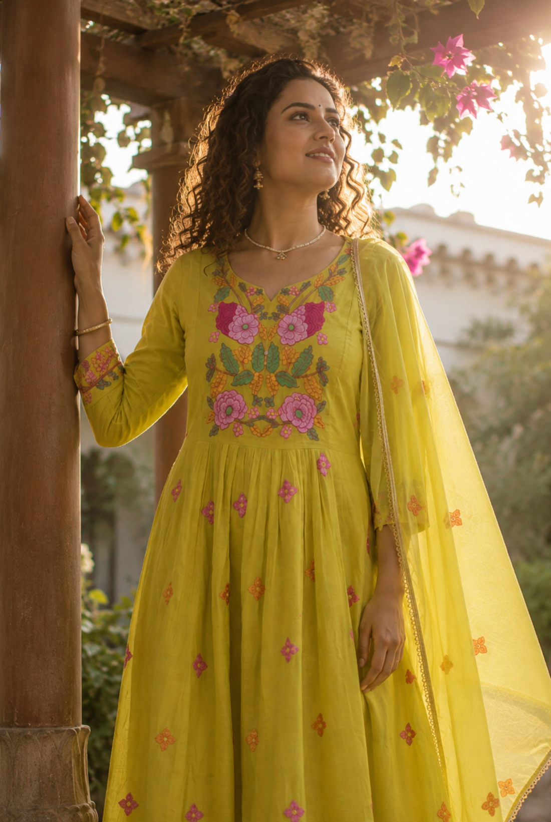 Lime Green Floral Embroidered Mul Chanderi Anarkali Suit Set
