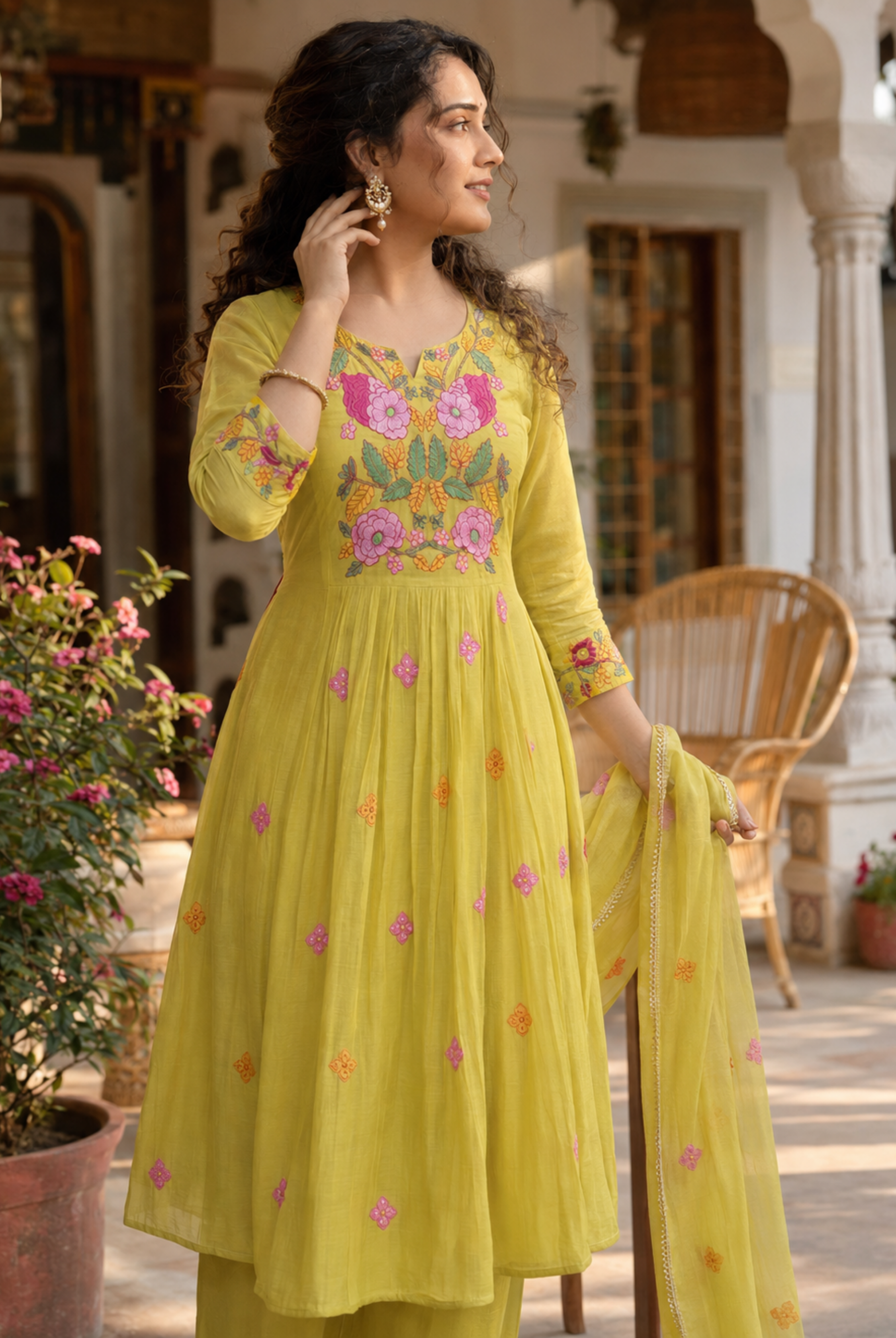 Lime Green Floral Embroidered Mul Chanderi Anarkali Suit Set