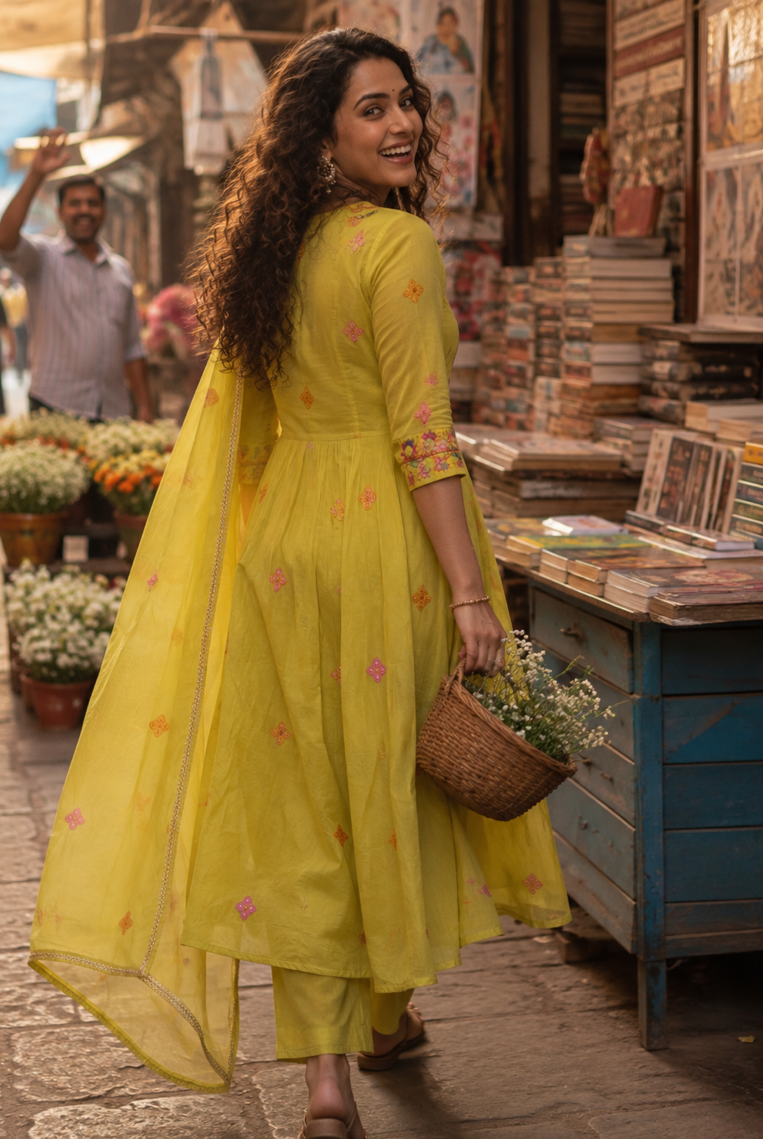 Lime Green Floral Embroidered Mul Chanderi Anarkali Suit Set