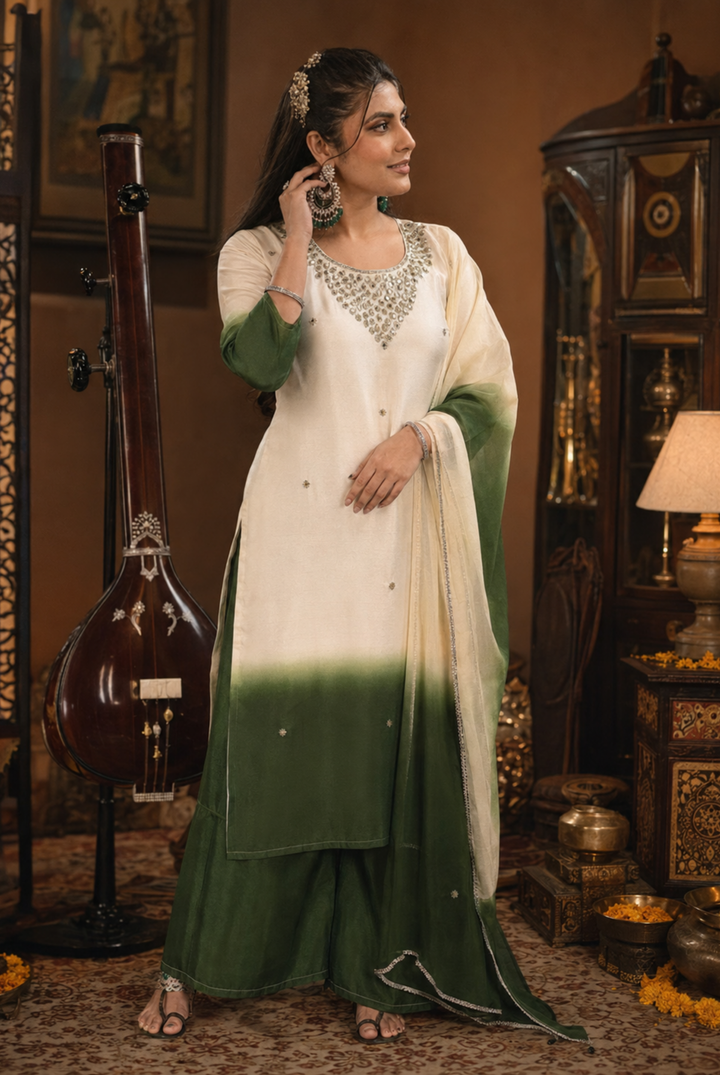Ivory & Emerald Green Ombre Embroidered Roman Silk Suit Set