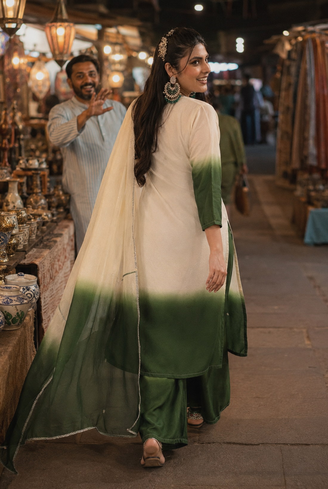 Ivory & Emerald Green Ombre Embroidered Roman Silk Suit Set