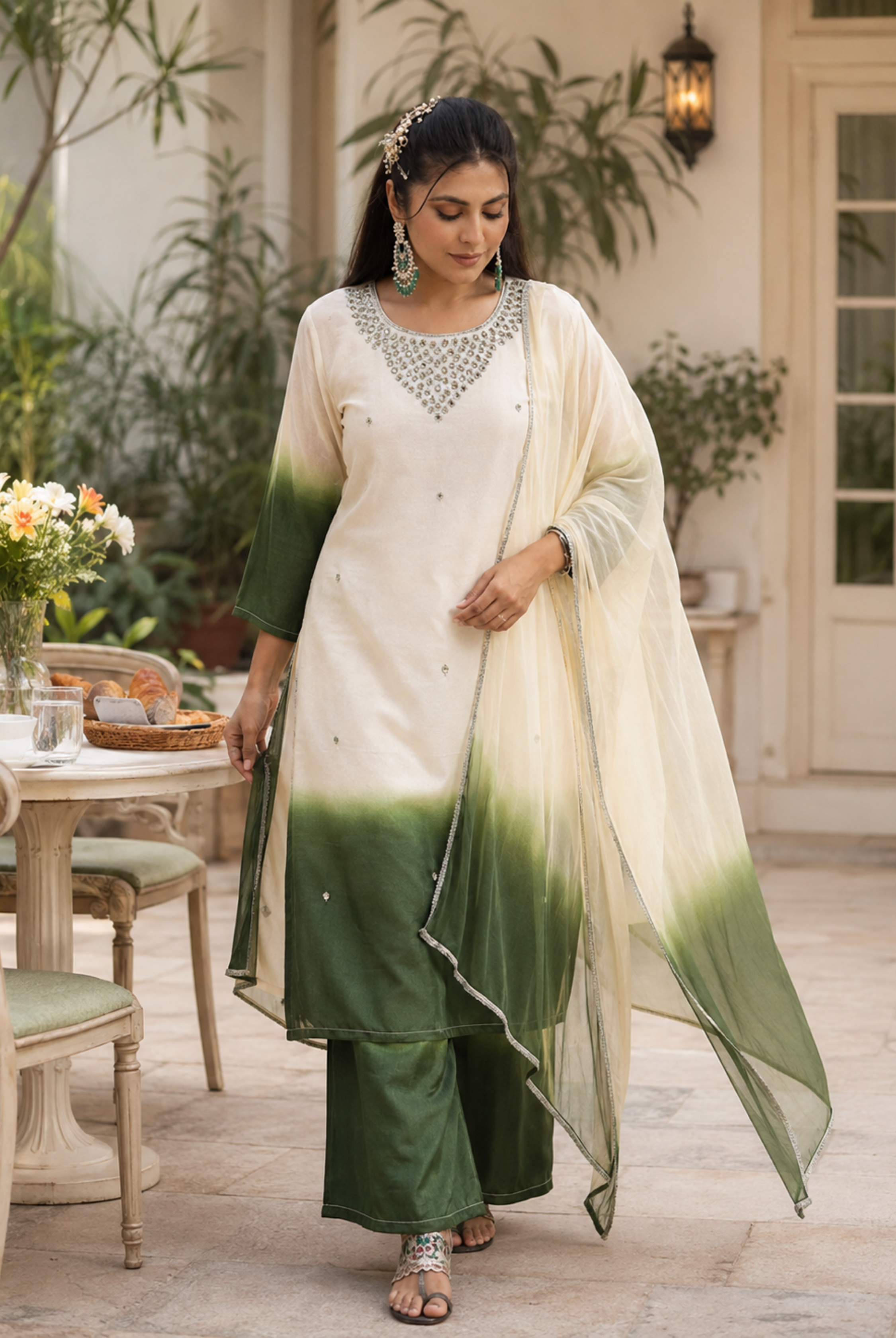 Ivory & Emerald Green Ombre Embroidered Roman Silk Suit Set