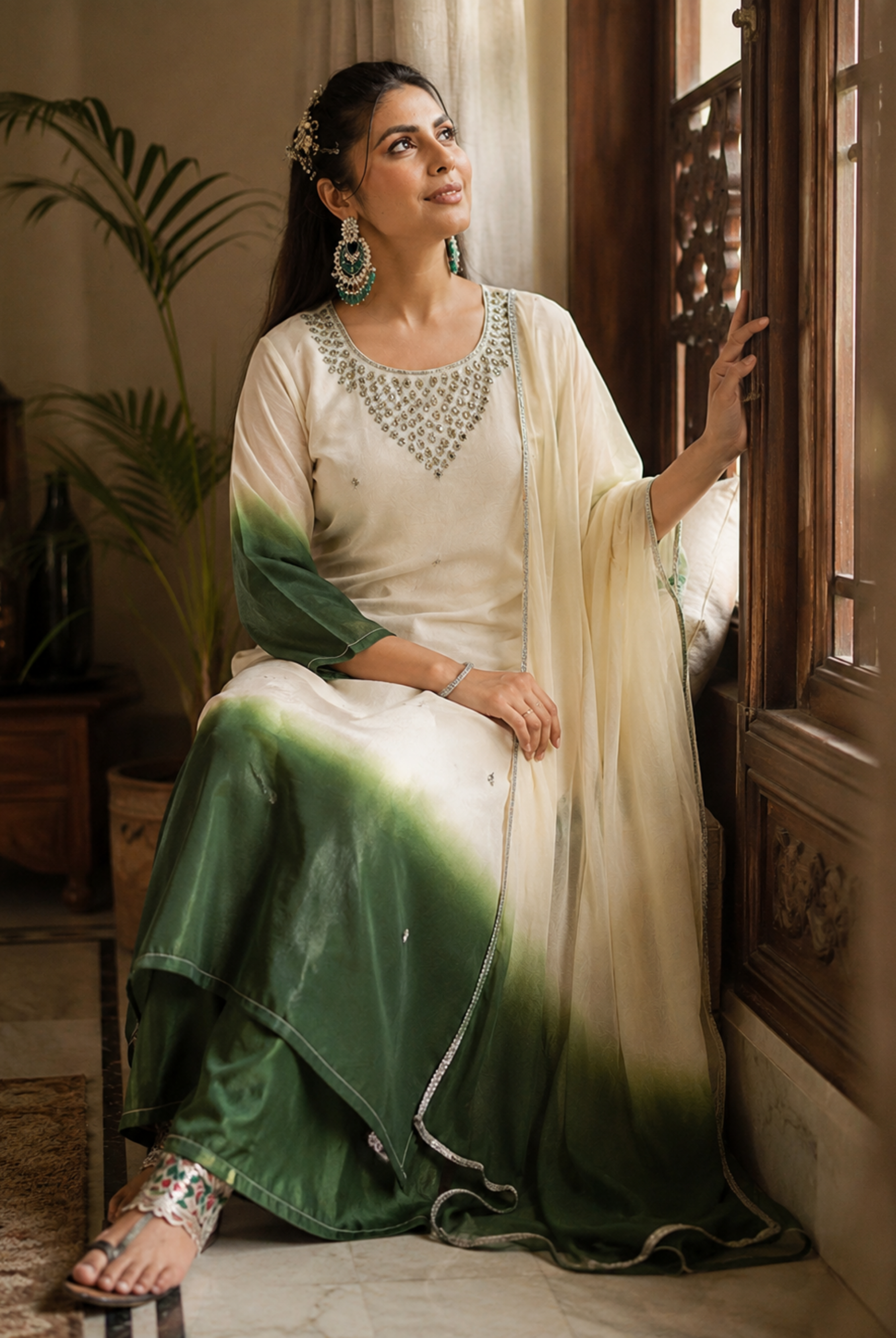 Ivory & Emerald Green Ombre Embroidered Roman Silk Suit Set