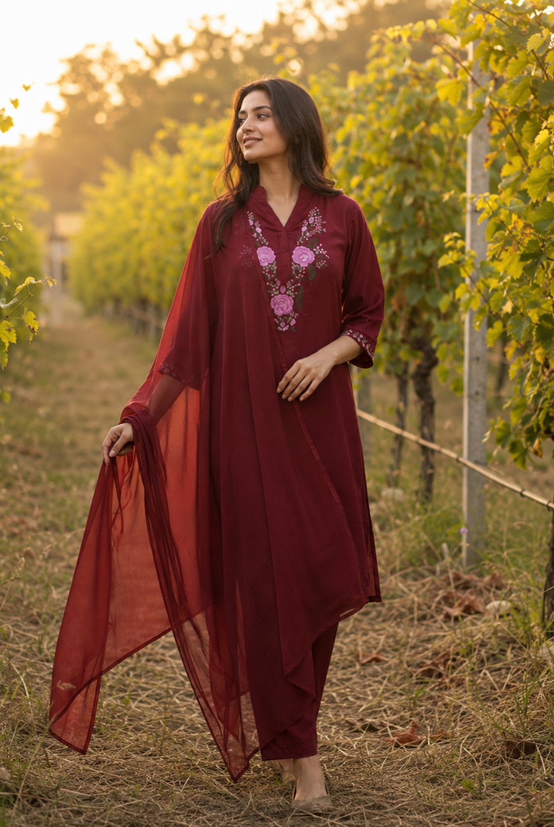Maroon Floral Embroidered Rayon Suit Set