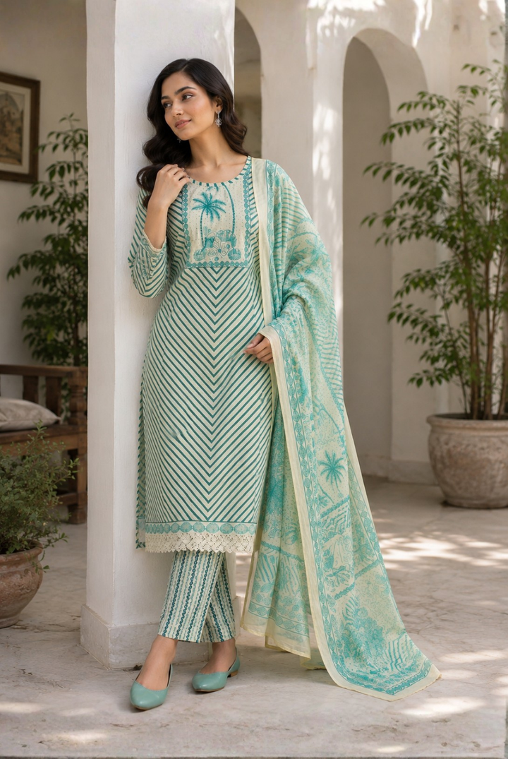 Mint Green Striped Printed Cotton Suit Set with Dupatta