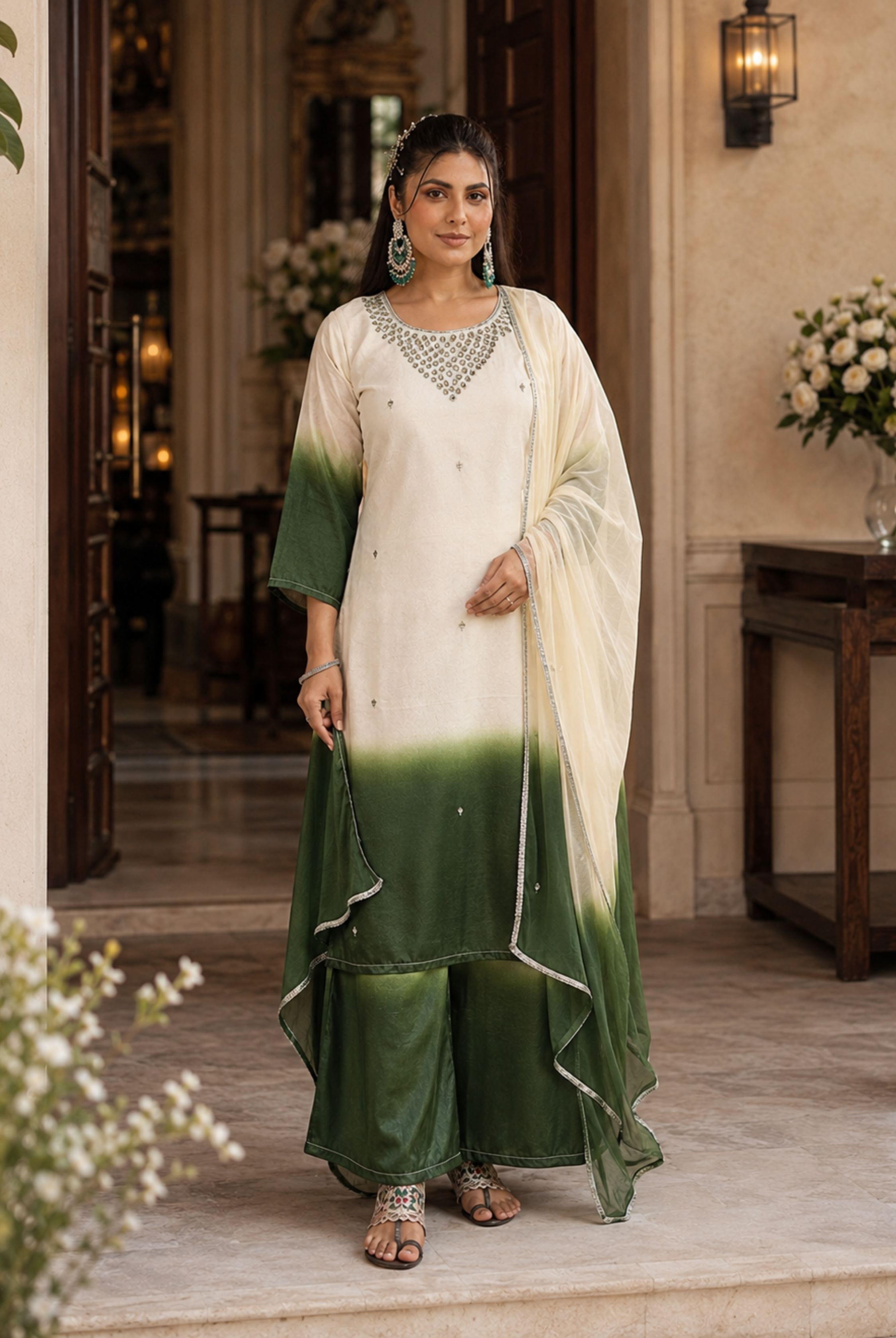 Ivory & Emerald Green Ombre Embroidered Roman Silk Suit Set