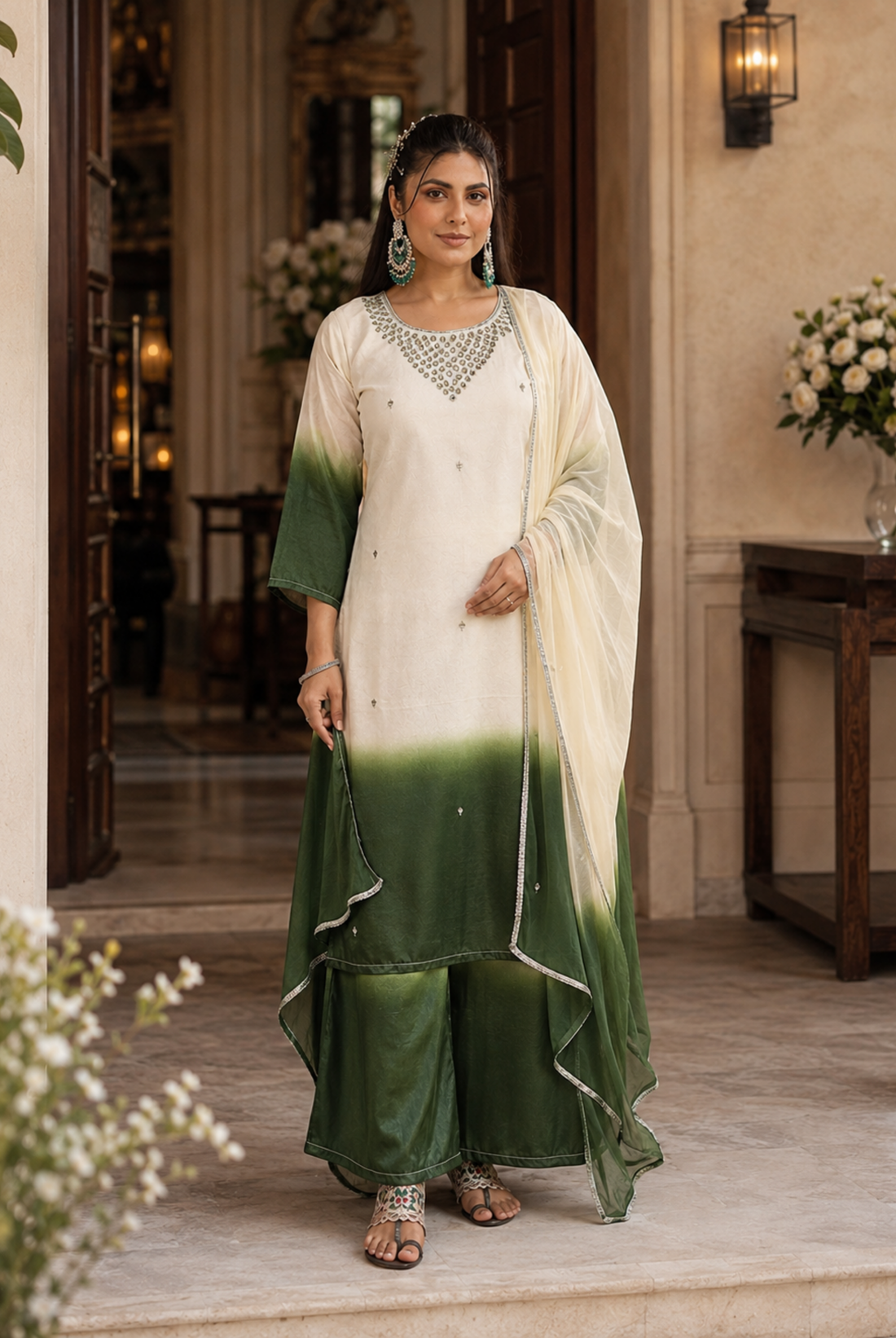 Ivory & Emerald Green Ombre Embroidered Roman Silk Suit Set