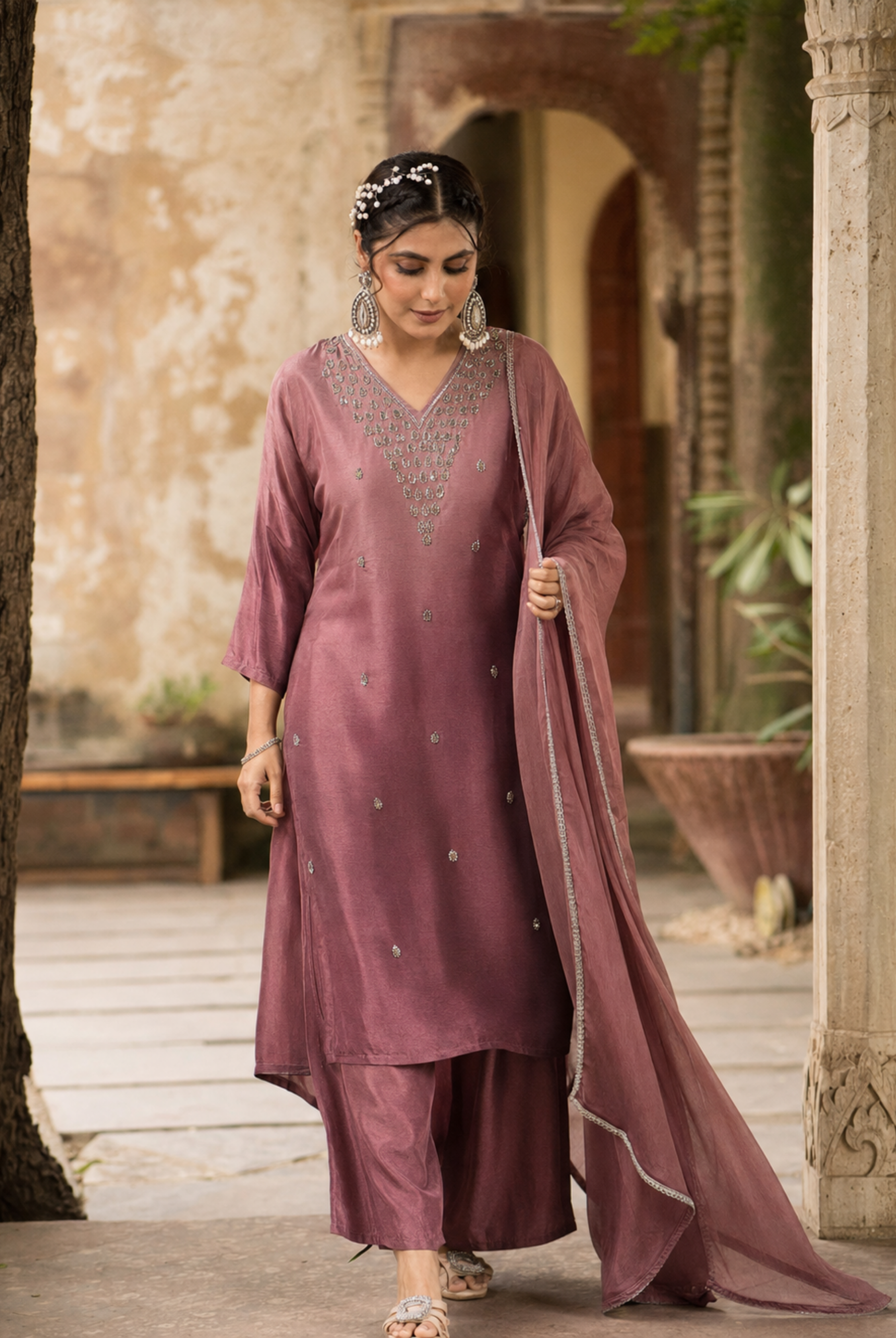 Dusty Rose Embroidered Roman Silk Suit Set