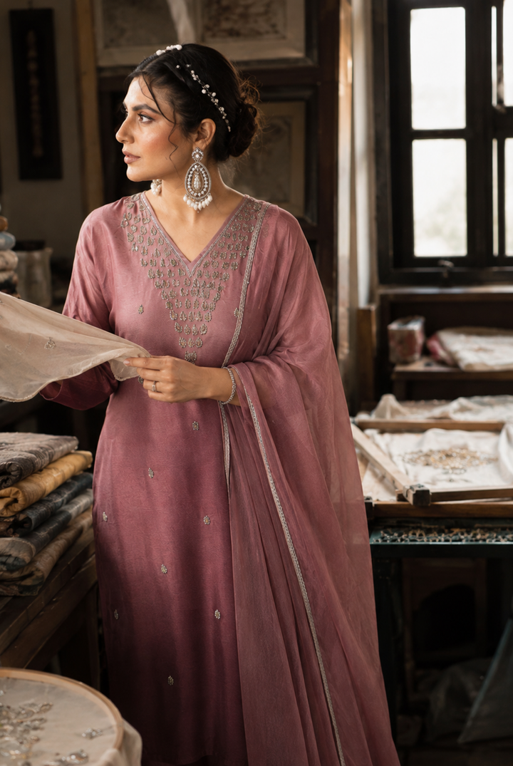 Dusty Rose Embroidered Roman Silk Suit Set