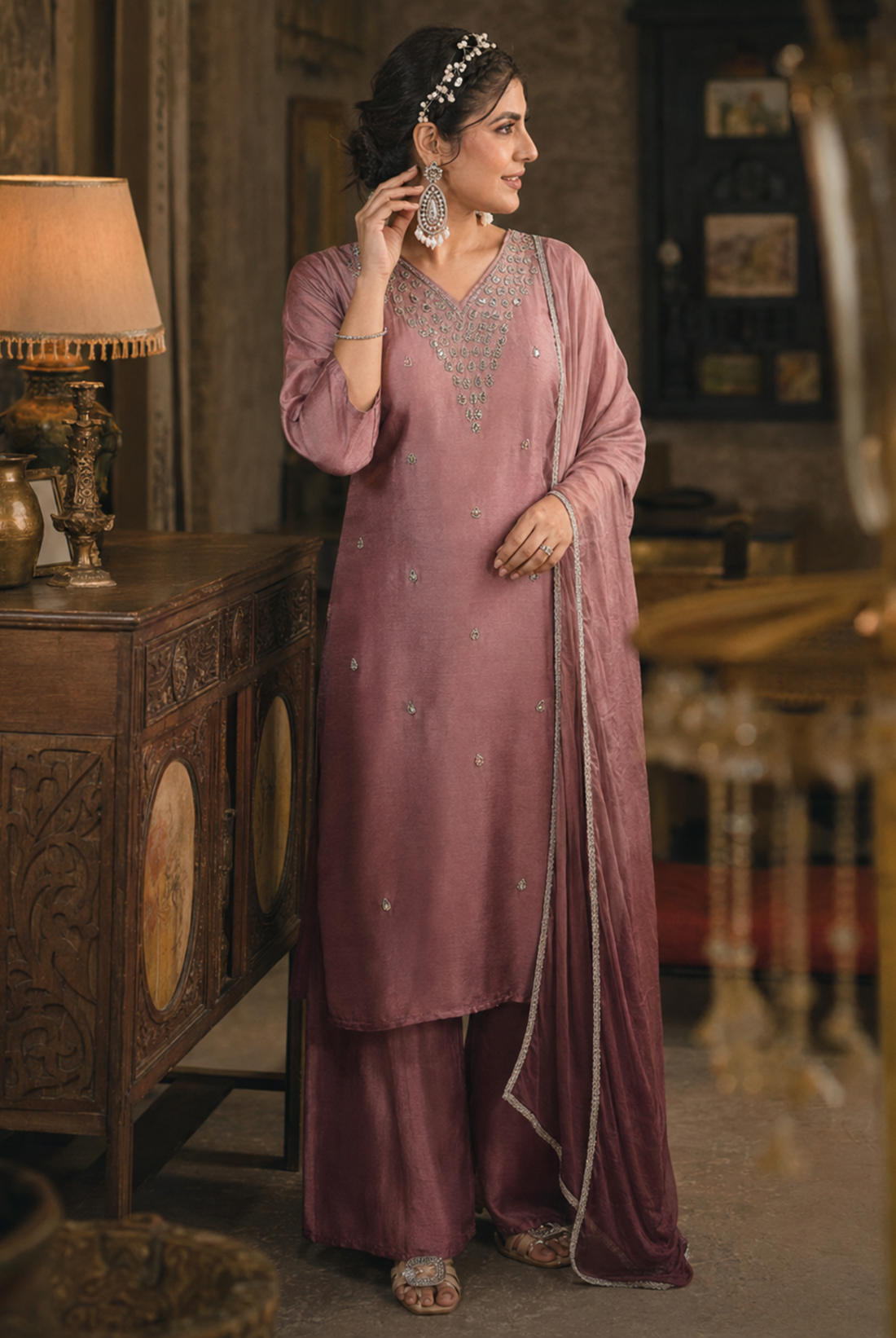 Dusty Rose Embroidered Roman Silk Suit Set