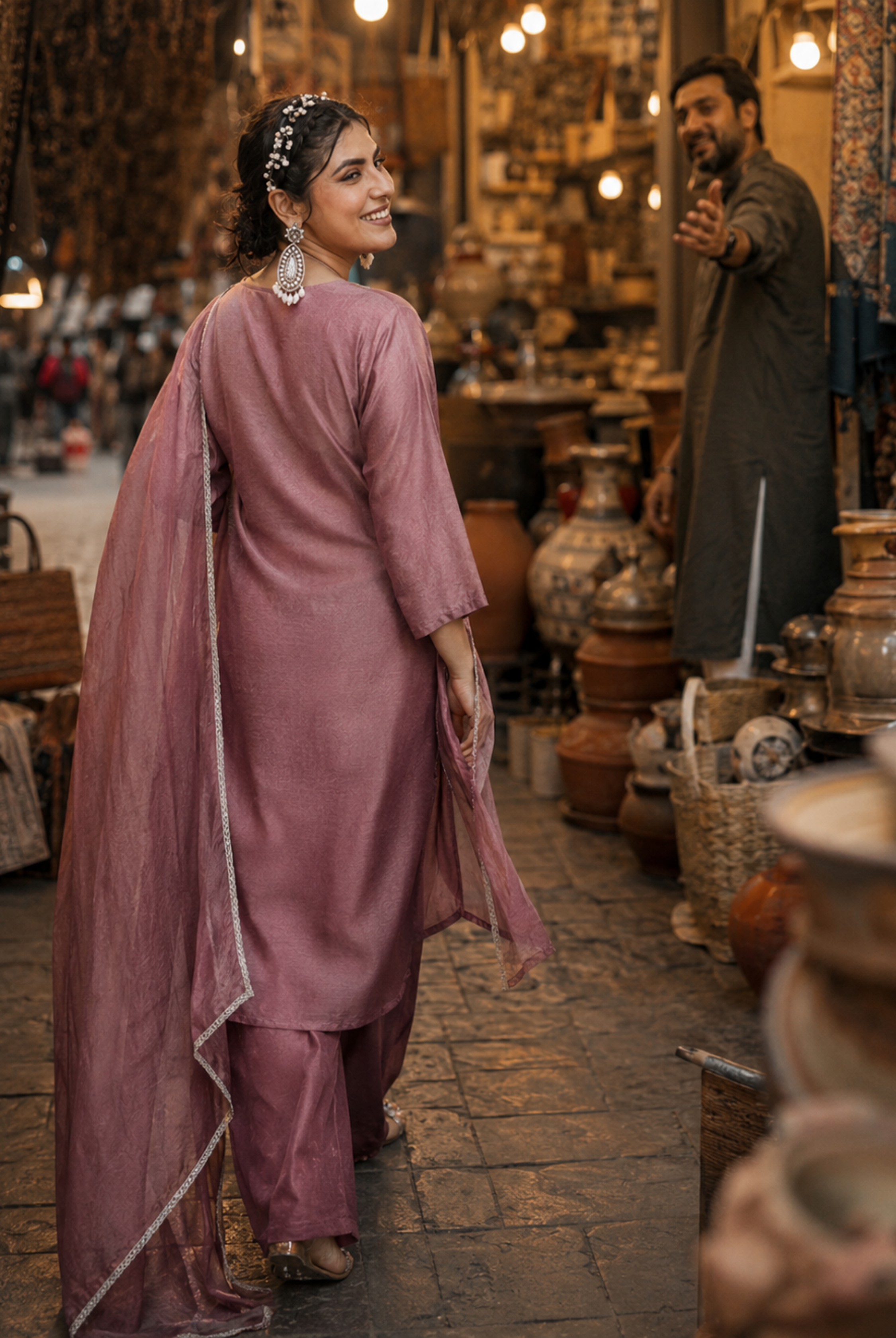 Dusty Rose Embroidered Roman Silk Suit Set