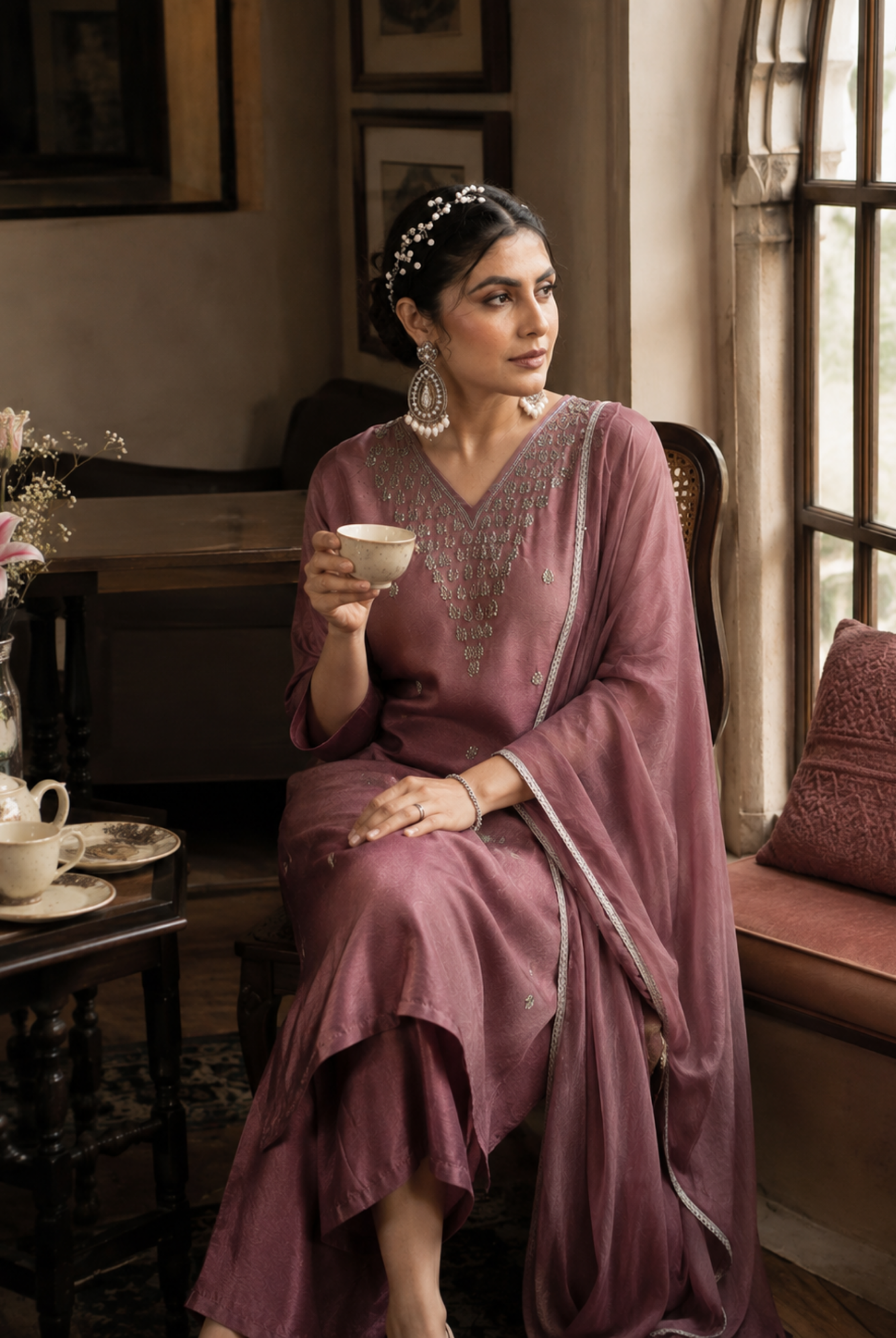 Dusty Rose Embroidered Roman Silk Suit Set
