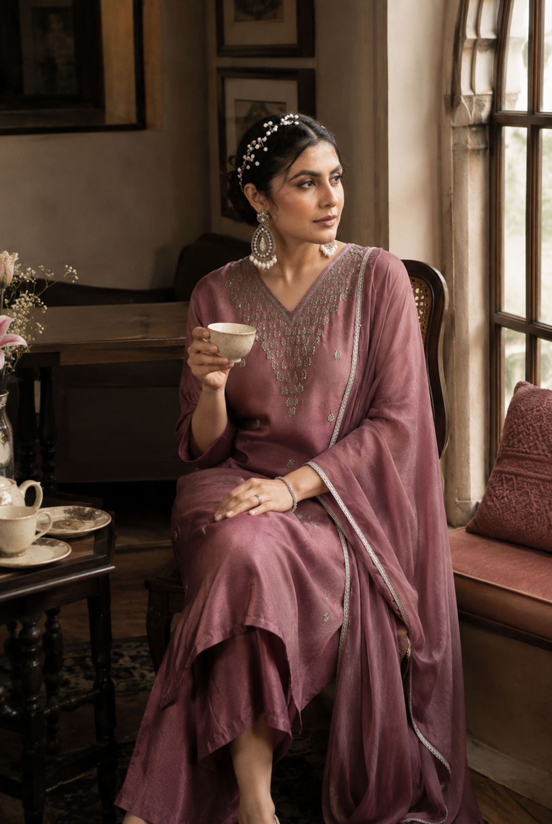 Dusty Rose Embroidered Roman Silk Suit Set