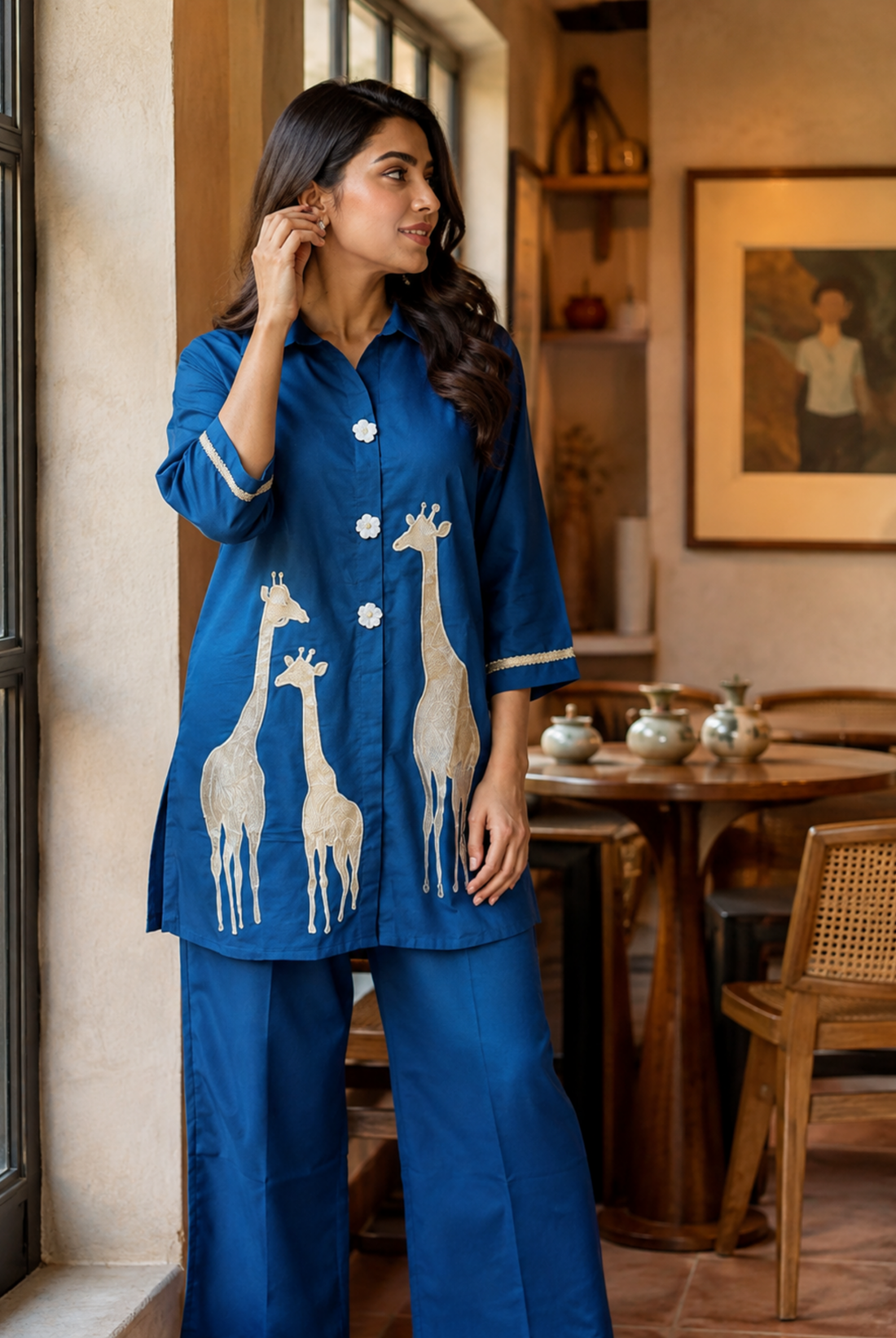 Royal Blue Giraffe Print Roman Silk Co-ord Set