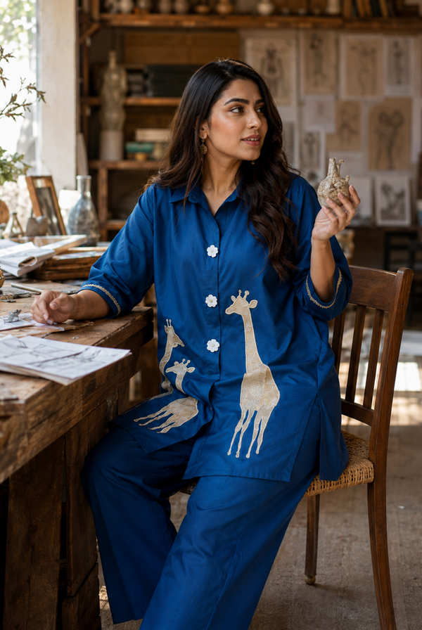 Royal Blue Giraffe Print Roman Silk Co-ord Set