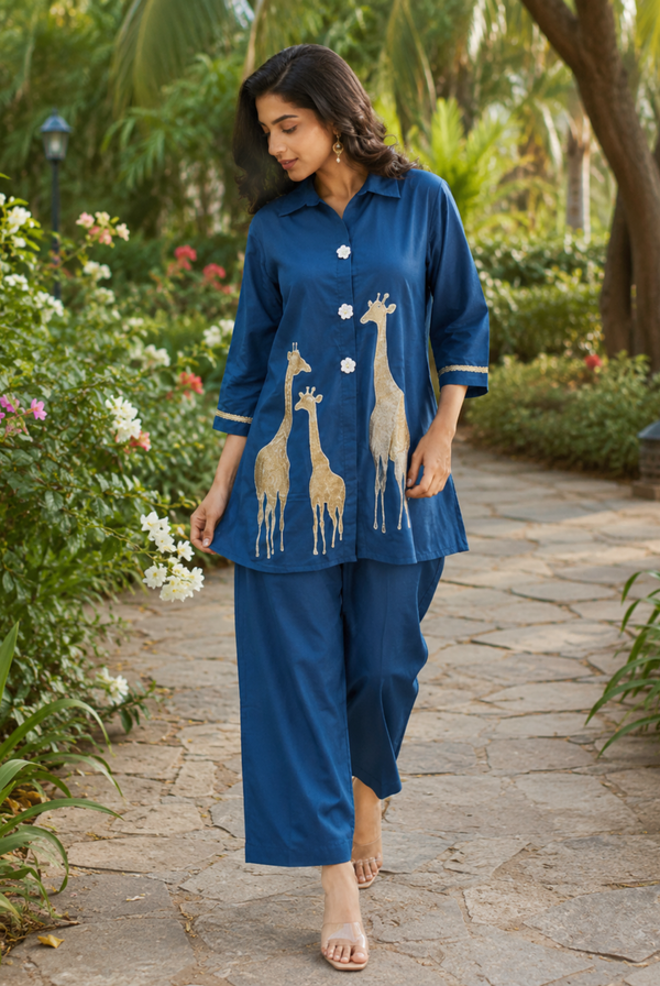 Royal Blue Giraffe Print Roman Silk Co-ord Set
