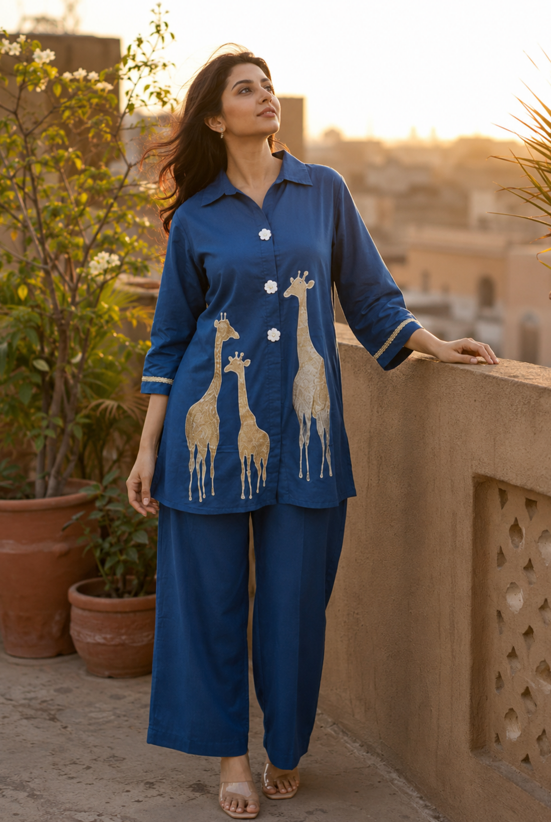 Royal Blue Giraffe Print Roman Silk Co-ord Set