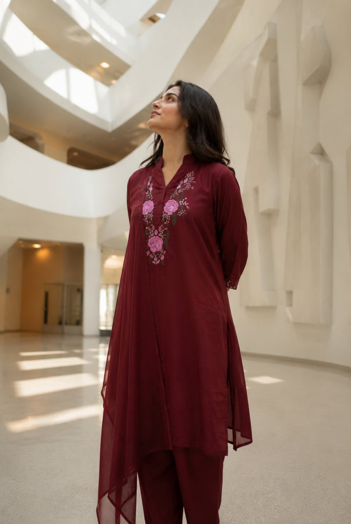 Maroon Floral Embroidered Rayon Suit Set