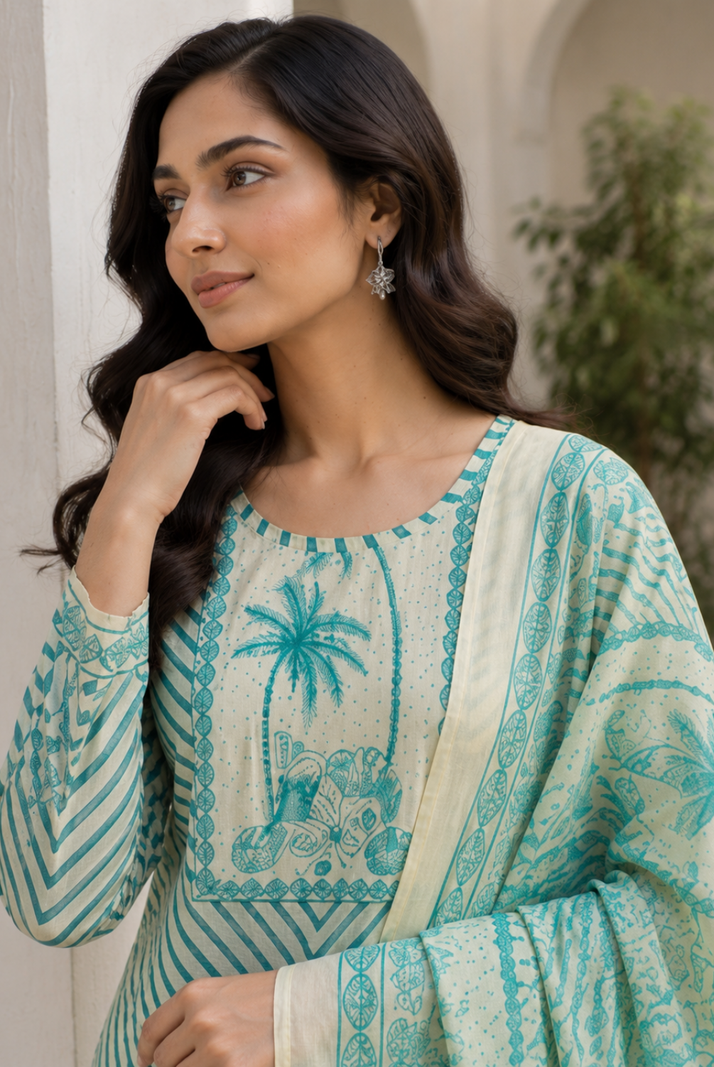 Mint Green Striped Printed Cotton Suit Set with Dupatta