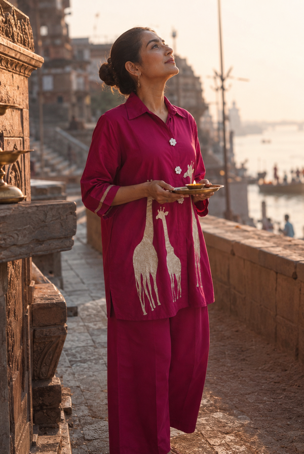 Hot Pink Giraffe Print Roman Silk Co-ord Set