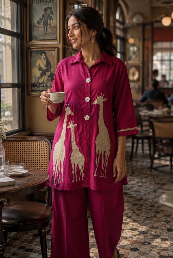 Hot Pink Giraffe Print Roman Silk Co-ord Set