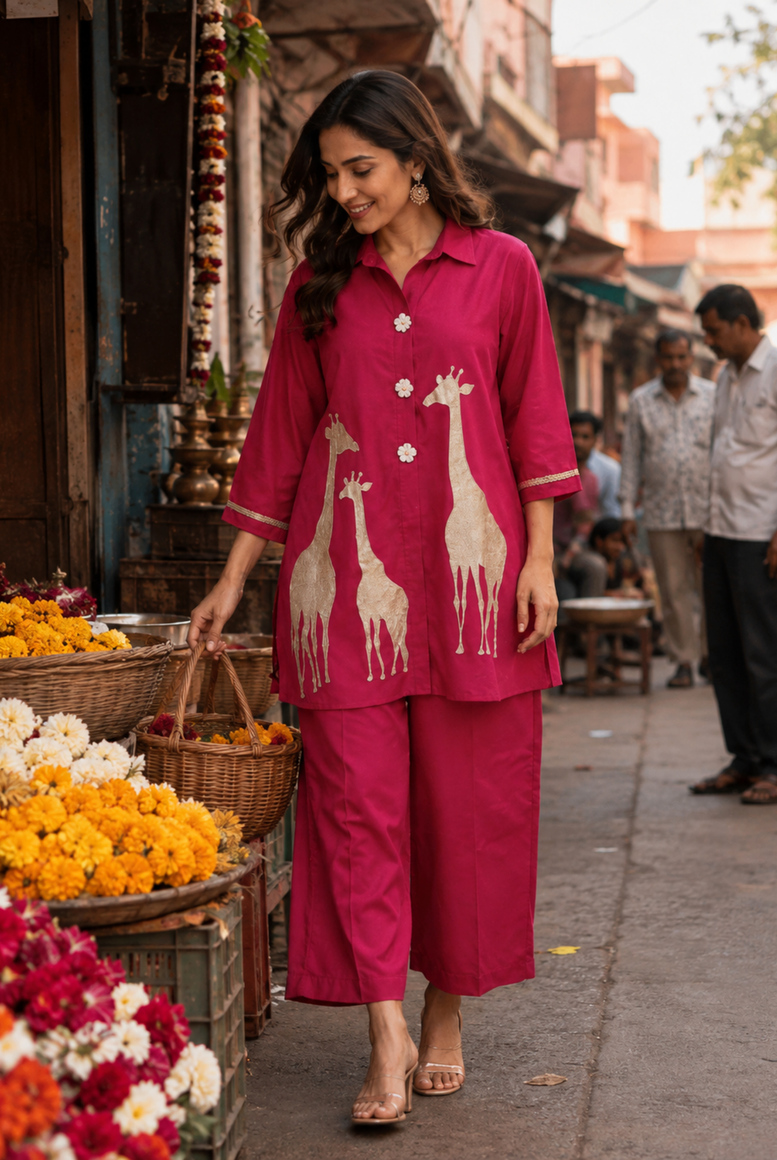 Hot Pink Giraffe Print Roman Silk Co-ord Set