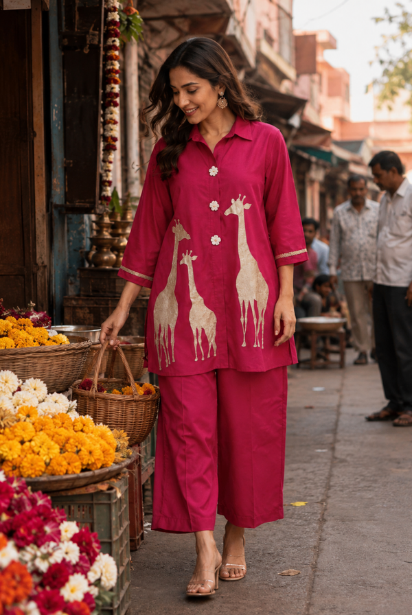 Hot Pink Giraffe Print Roman Silk Co-ord Set