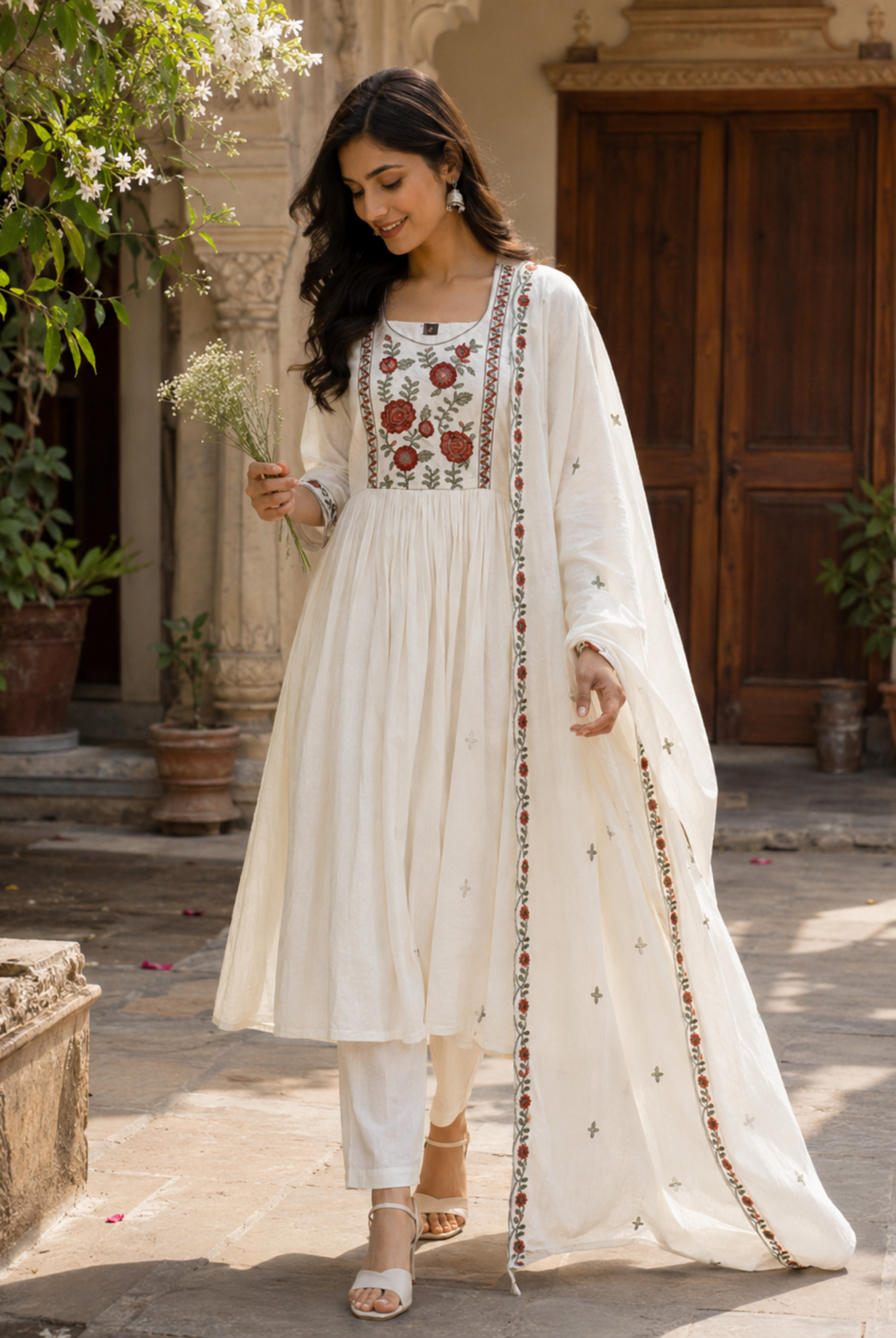 White Floral Embroidered Cotton Anarkali Suit Set