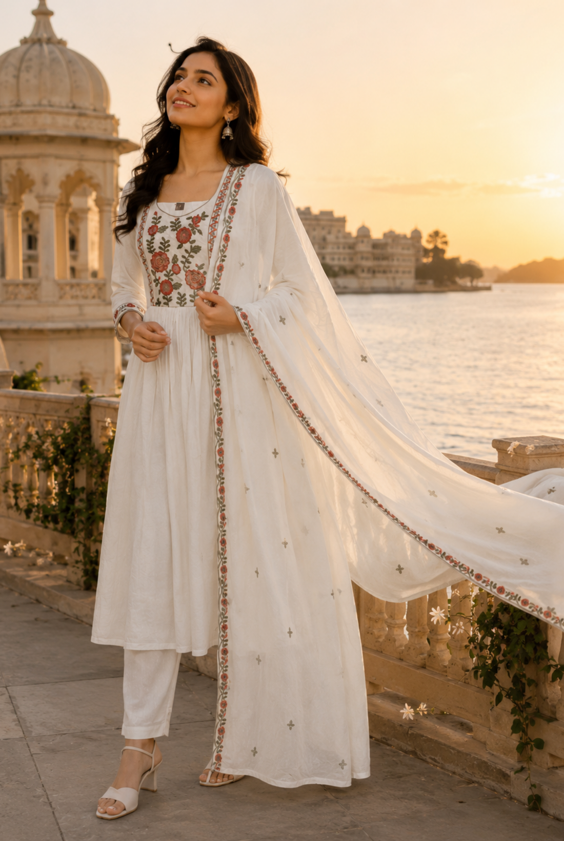 White Floral Embroidered Cotton Anarkali Suit Set