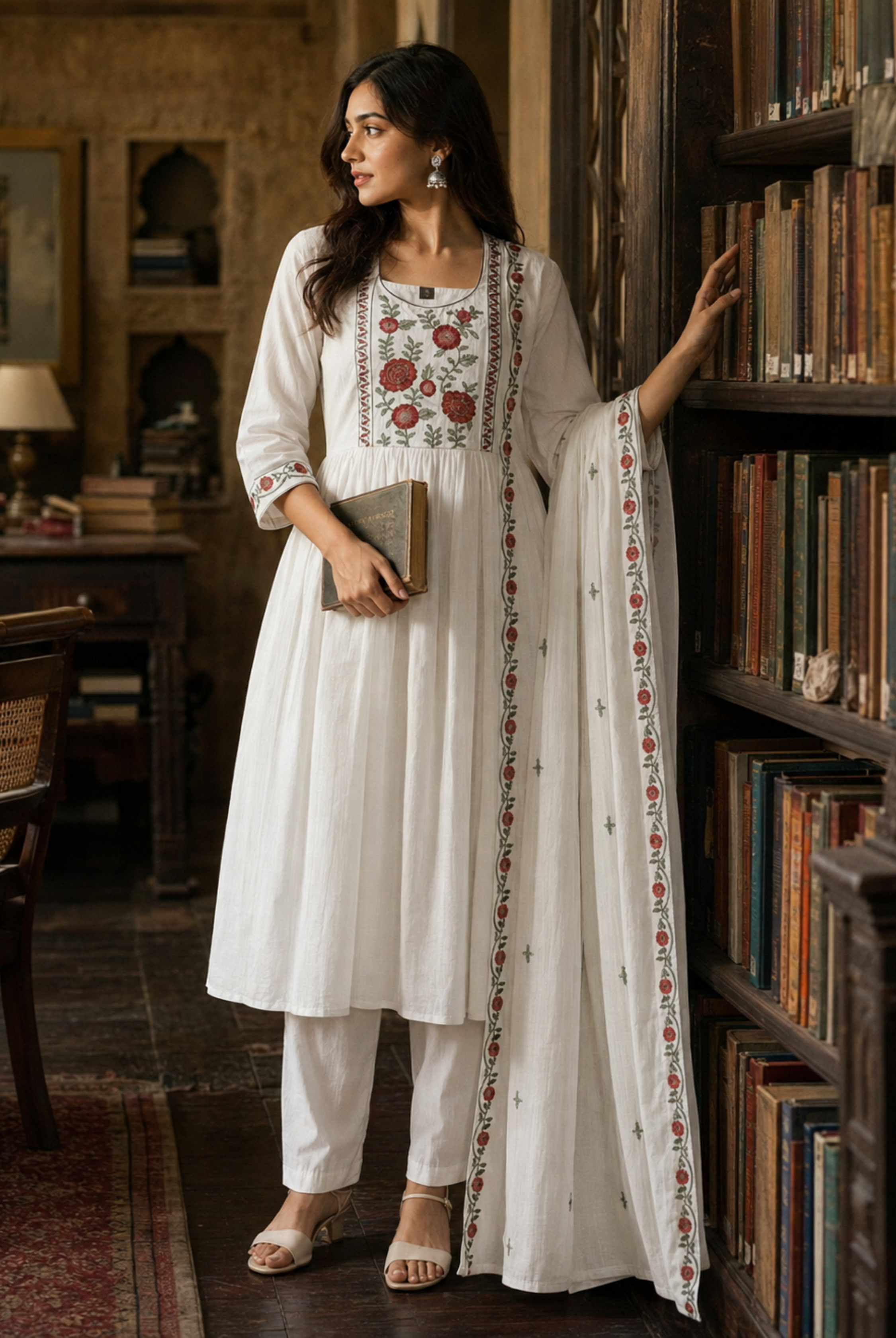 White Floral Embroidered Cotton Anarkali Suit Set