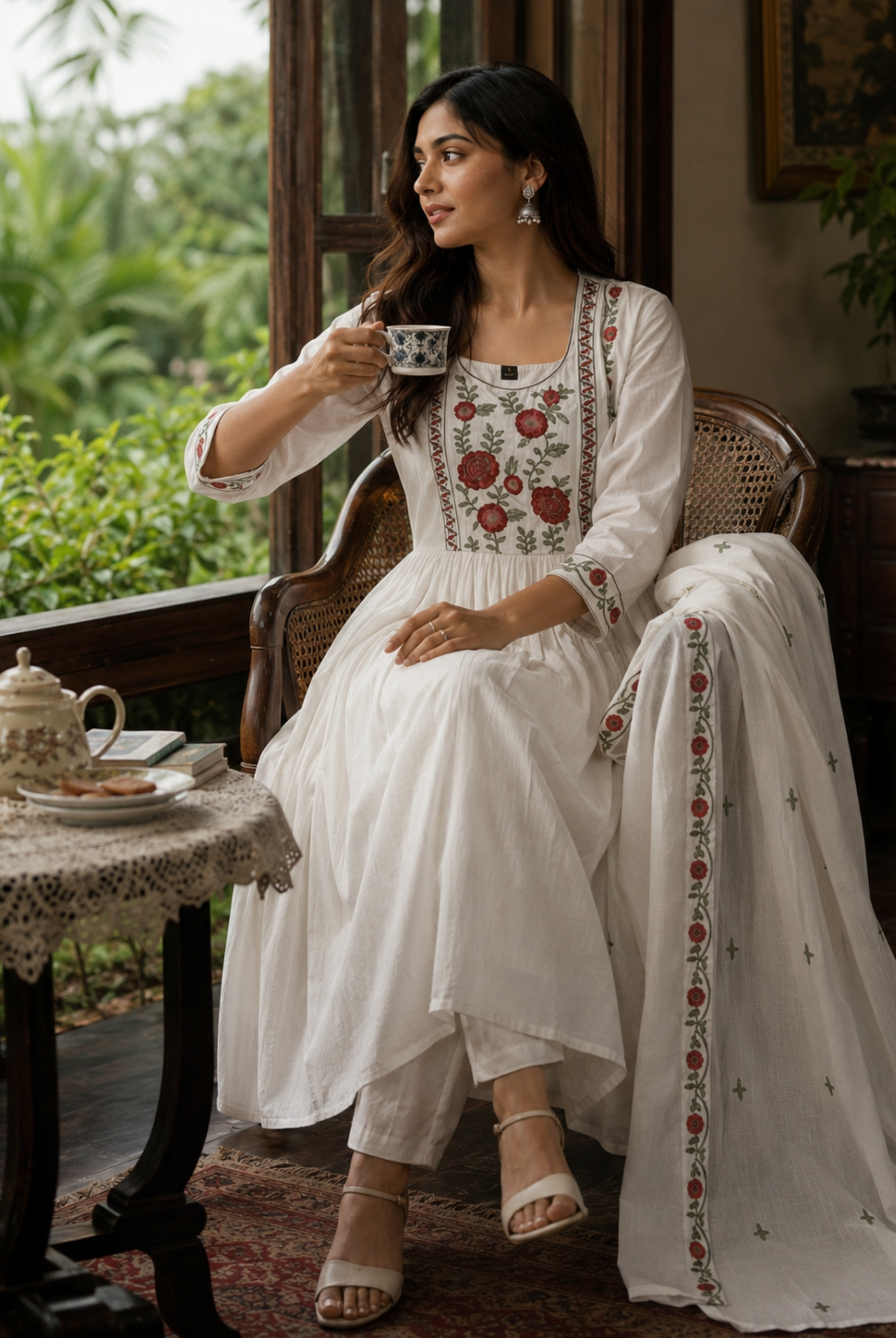 White Floral Embroidered Cotton Anarkali Suit Set