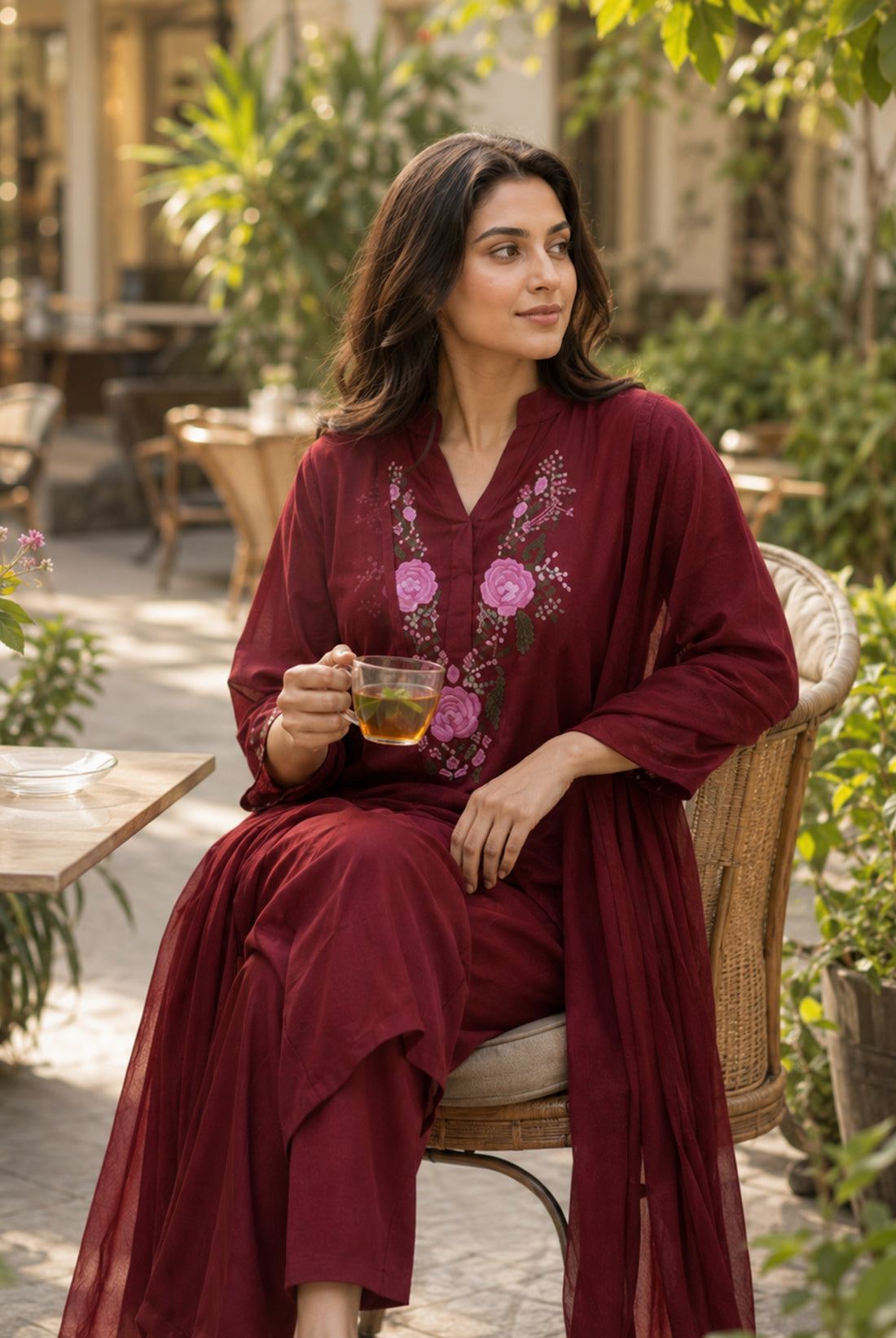 Maroon Floral Embroidered Rayon Suit Set