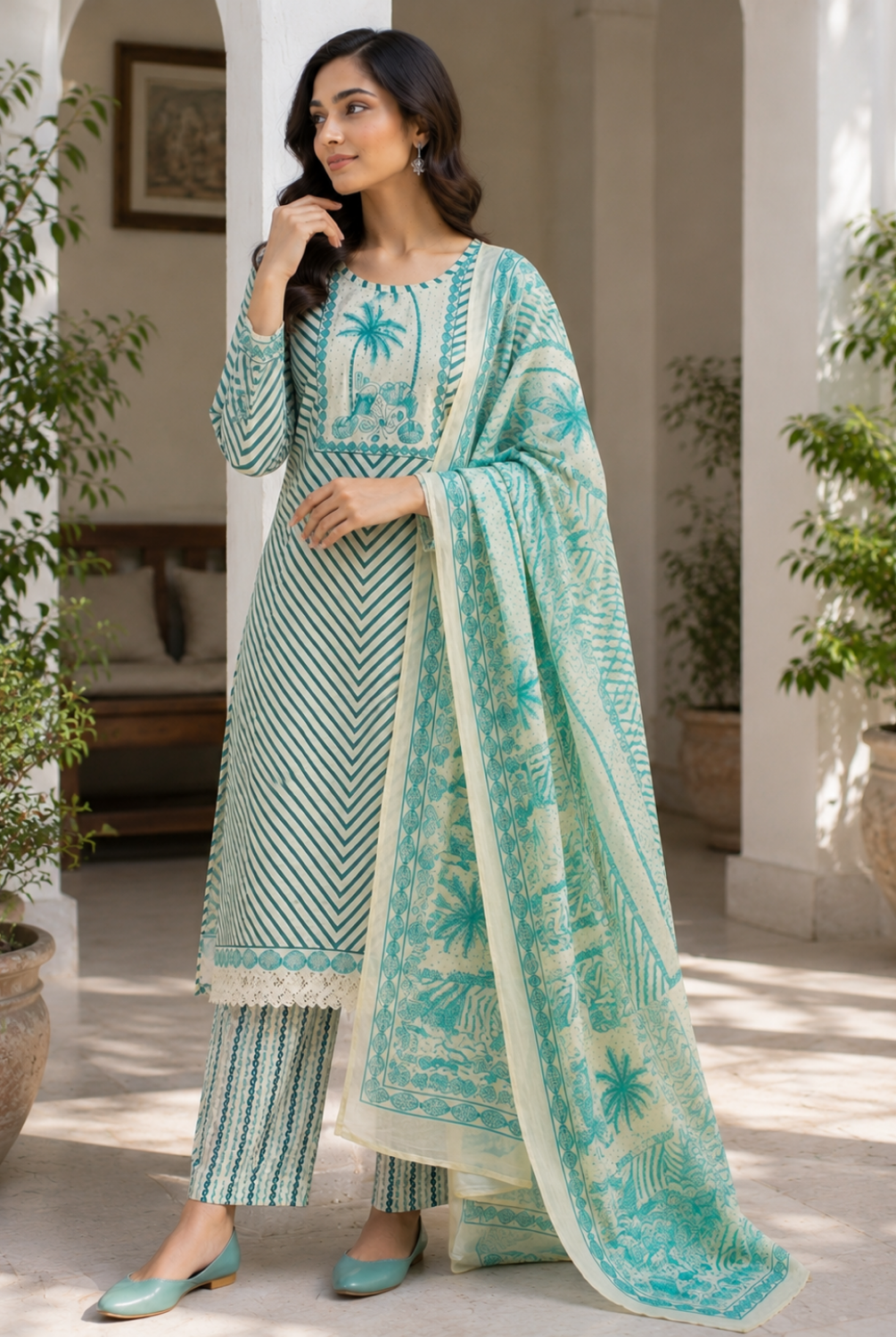Mint Green Striped Printed Cotton Suit Set with Dupatta