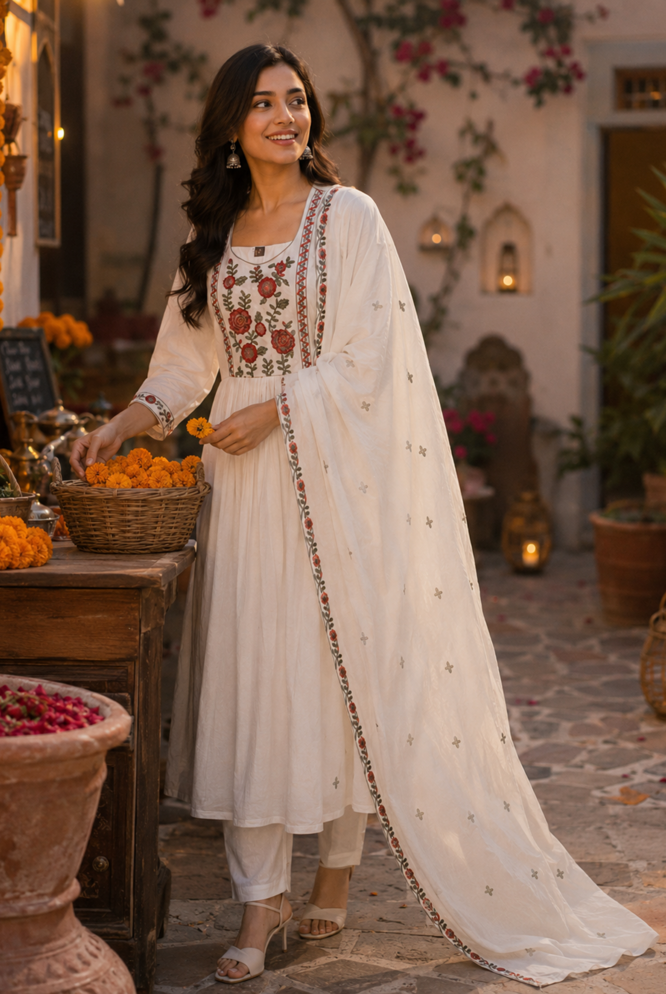 White Floral Embroidered Cotton Anarkali Suit Set