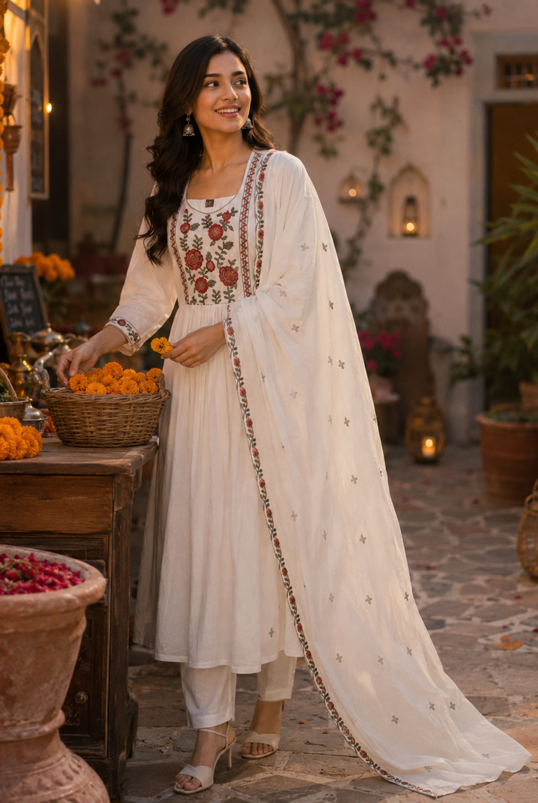 White Floral Embroidered Cotton Anarkali Suit Set