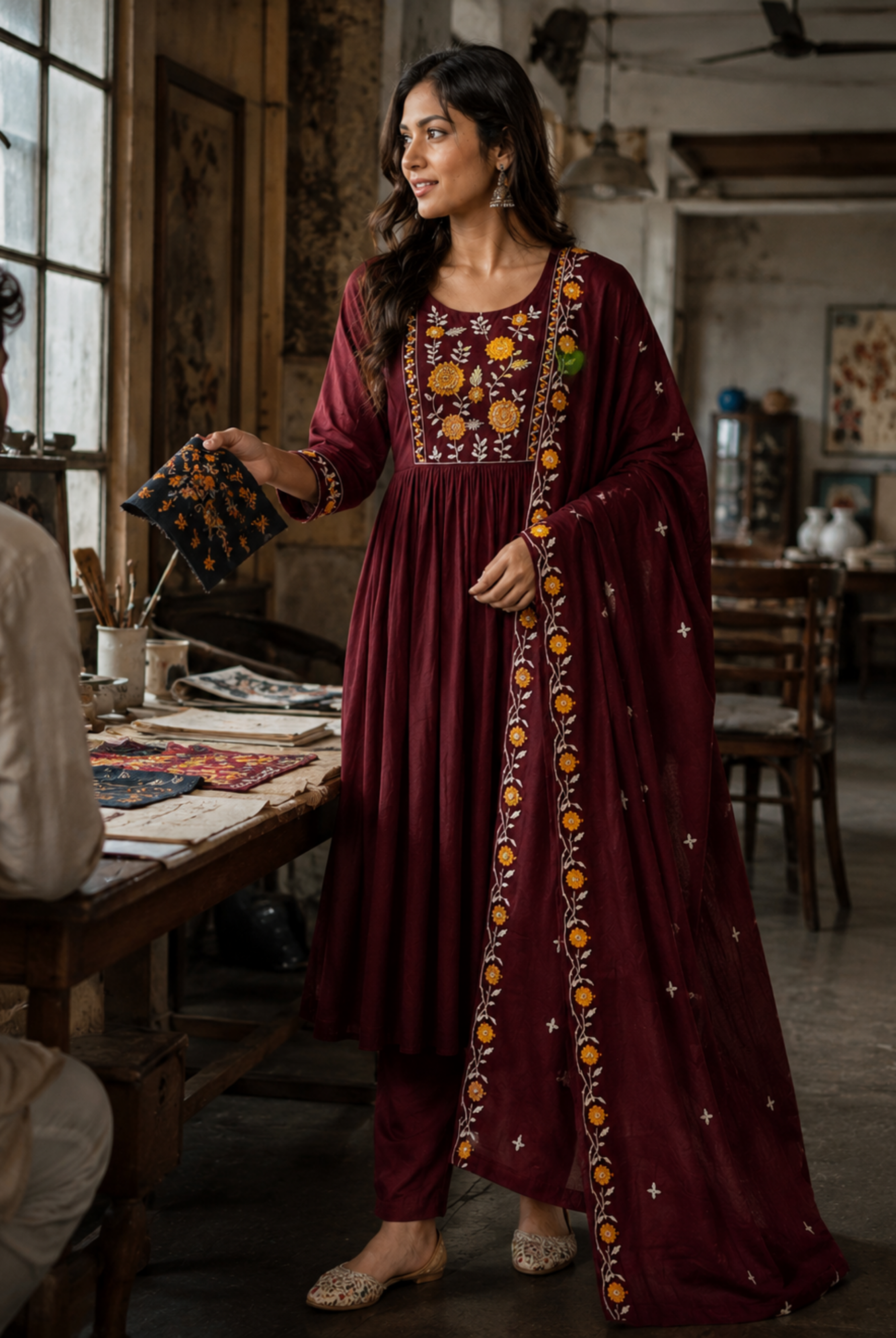 Wine Floral Embroidered Cotton Anarkali Suit Set