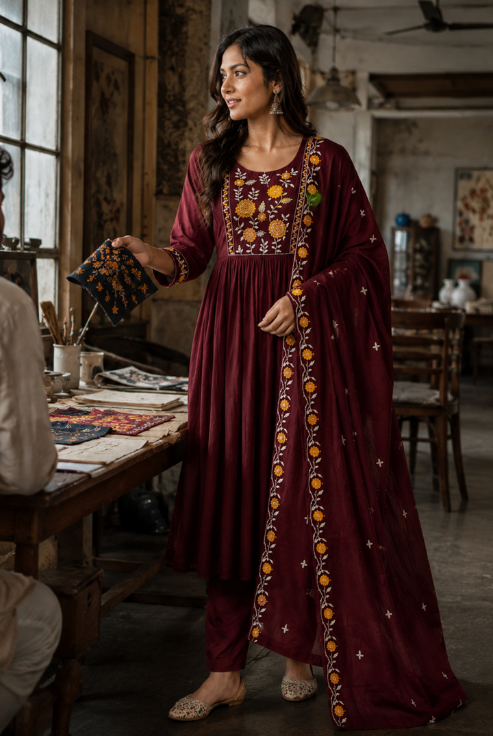 Wine Floral Embroidered Cotton Anarkali Suit Set