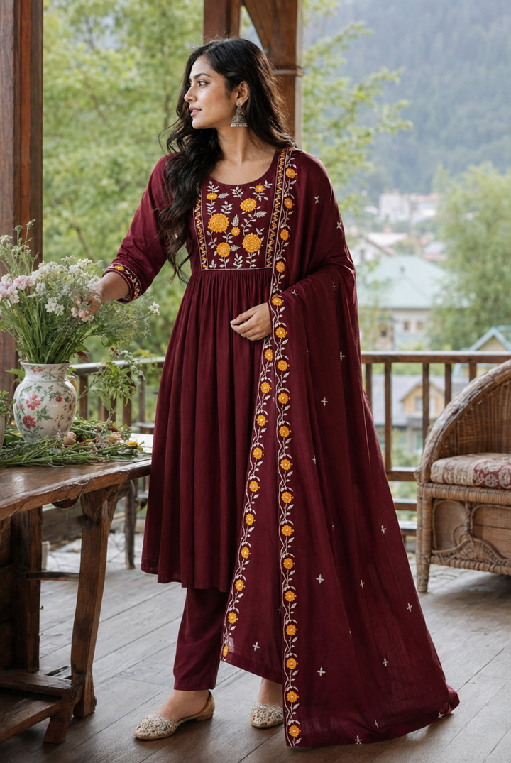 Wine Floral Embroidered Cotton Anarkali Suit Set