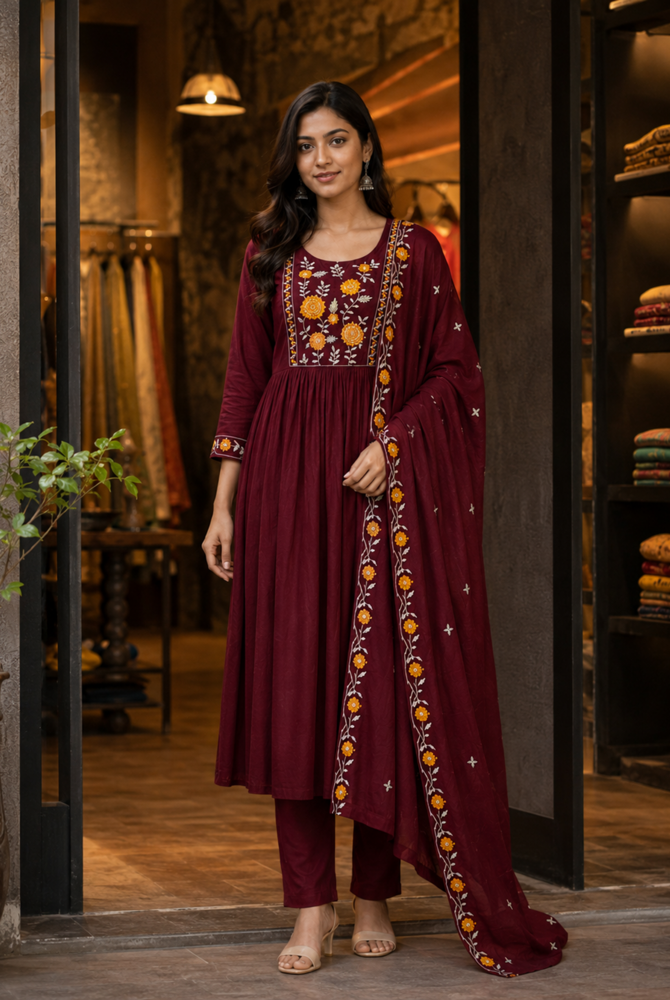 Wine Floral Embroidered Cotton Anarkali Suit Set