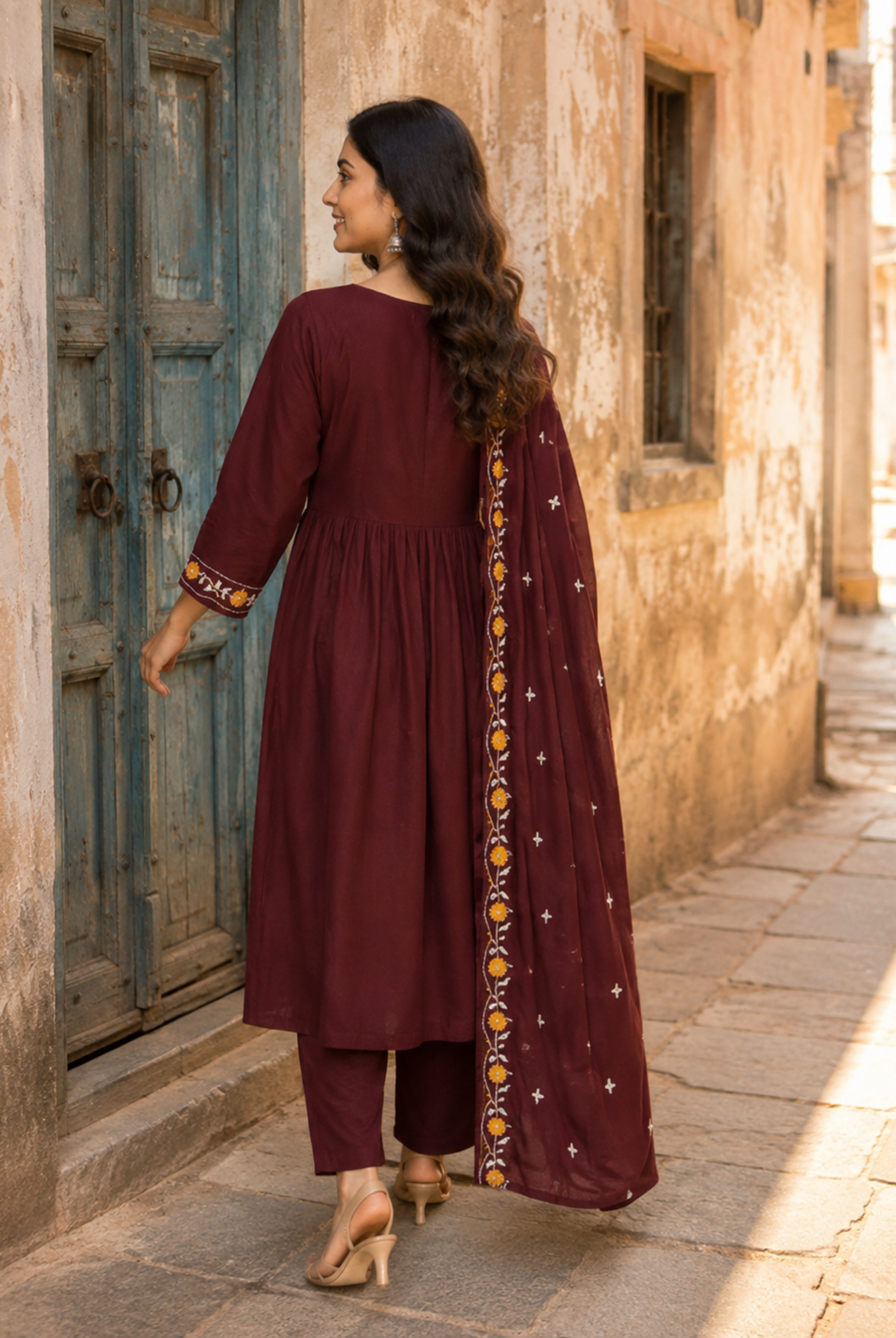 Wine Floral Embroidered Cotton Anarkali Suit Set