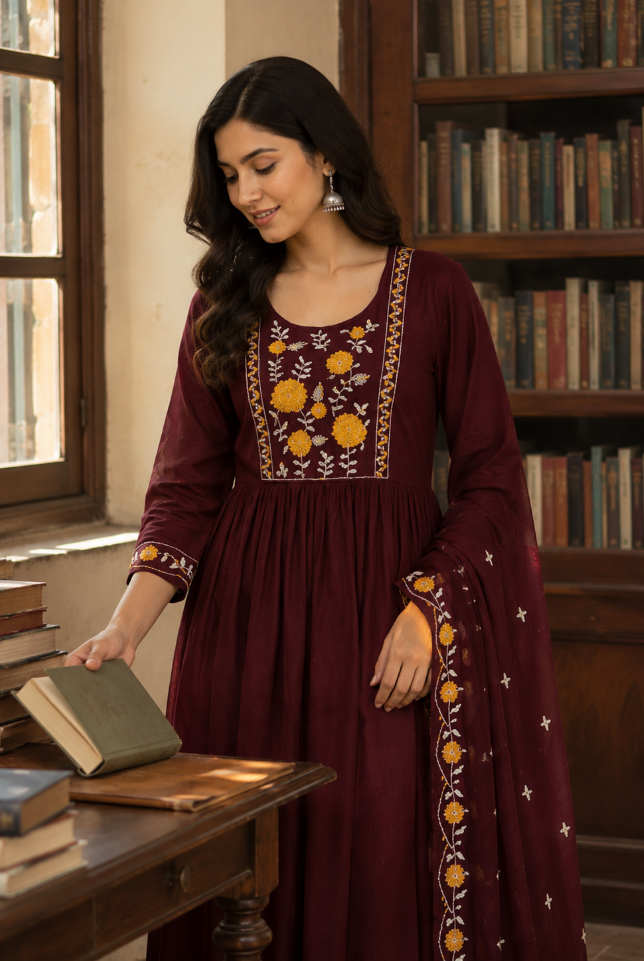 Wine Floral Embroidered Cotton Anarkali Suit Set